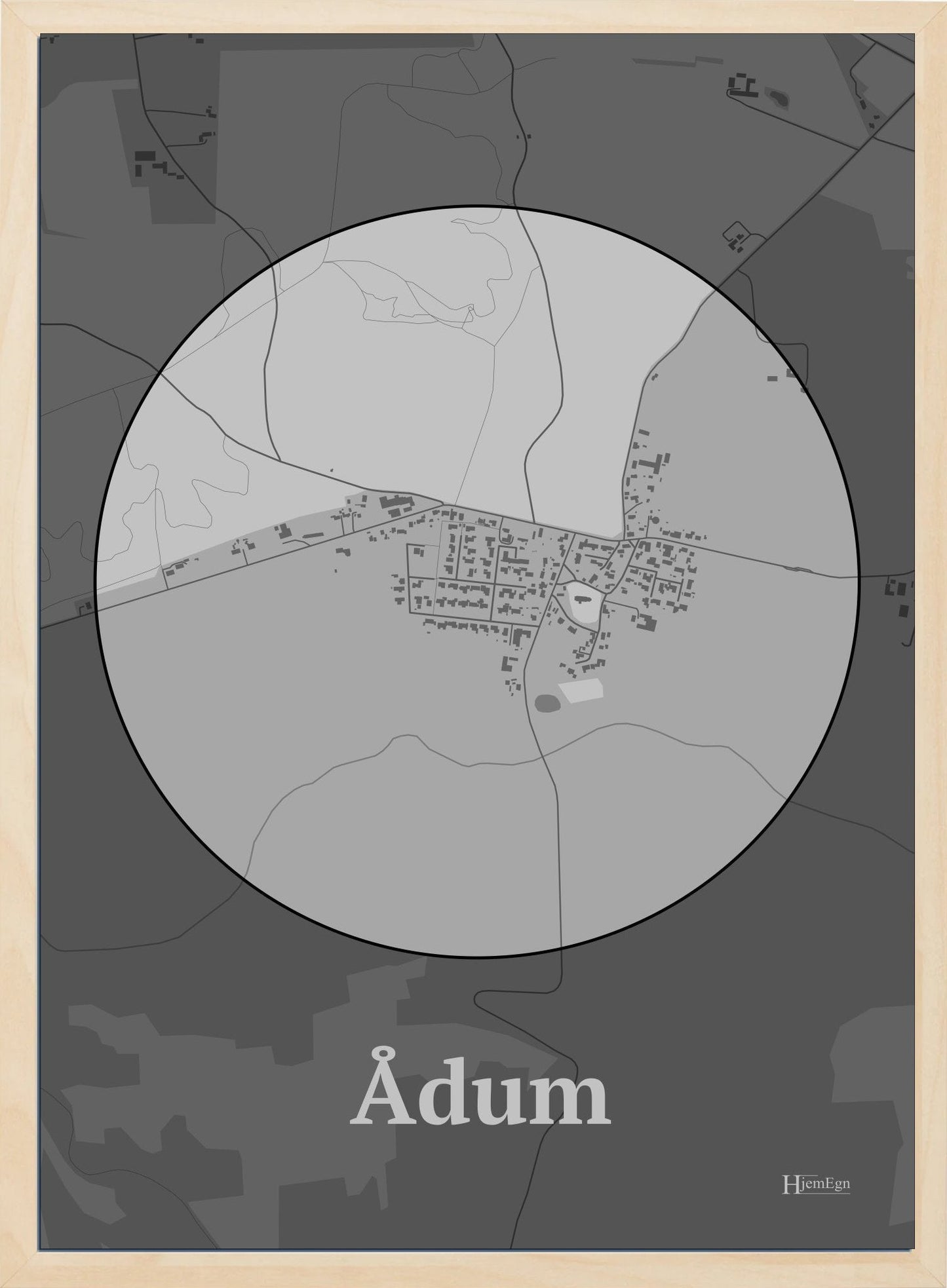 Ådum plakat i farve pastel grå og HjemEgn.dk design centrum. Design bykort for Ådum
