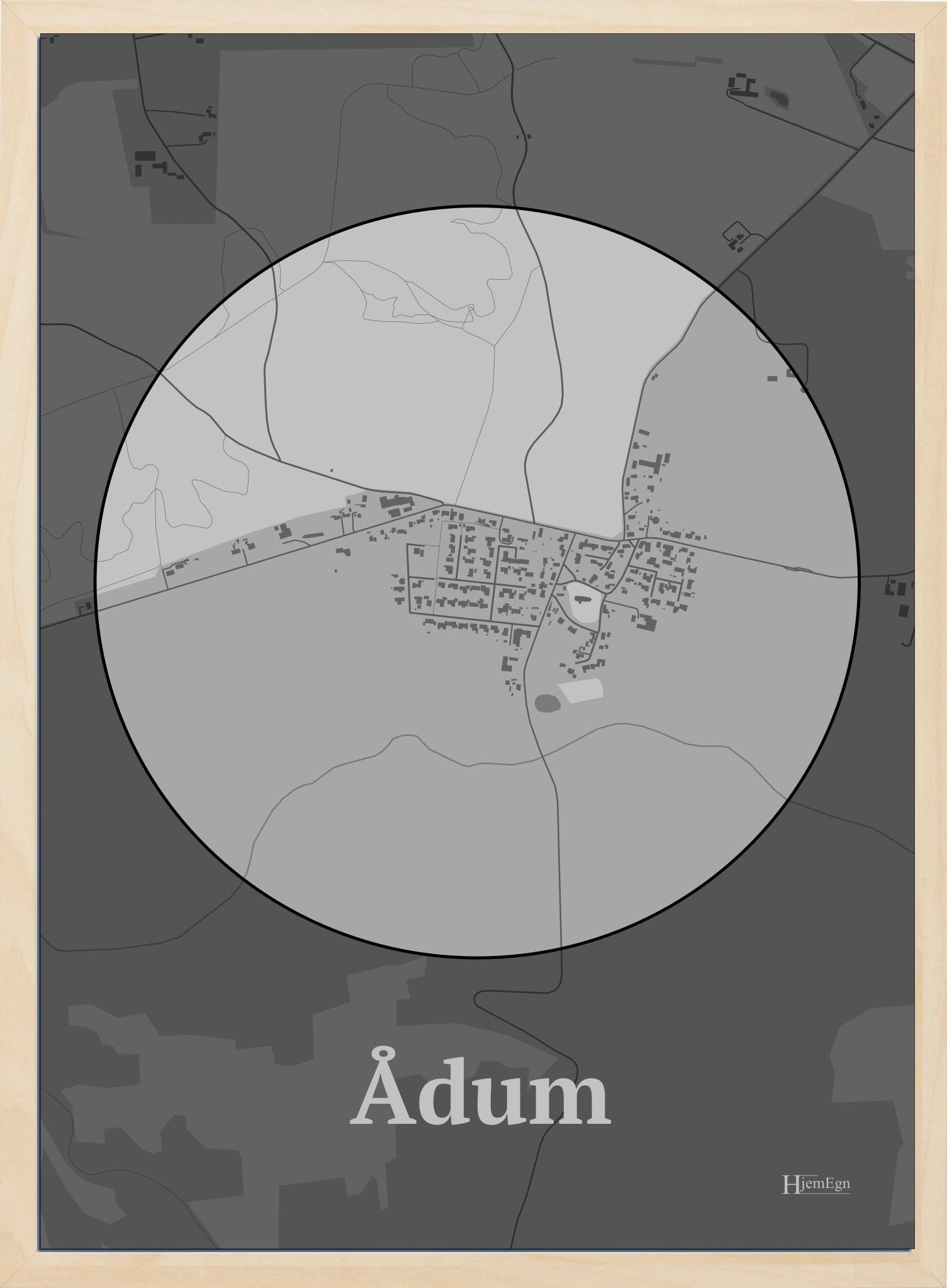 Ådum plakat i farve pastel grå og HjemEgn.dk design centrum. Design bykort for Ådum