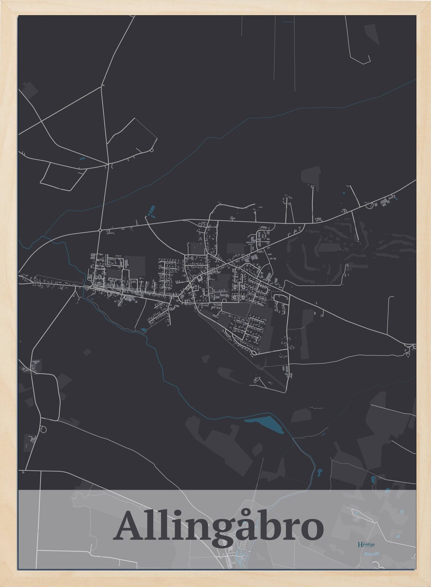 Allingåbro plakat i farve mørk brun og HjemEgn.dk design firkantet. Design bykort for Allingåbro