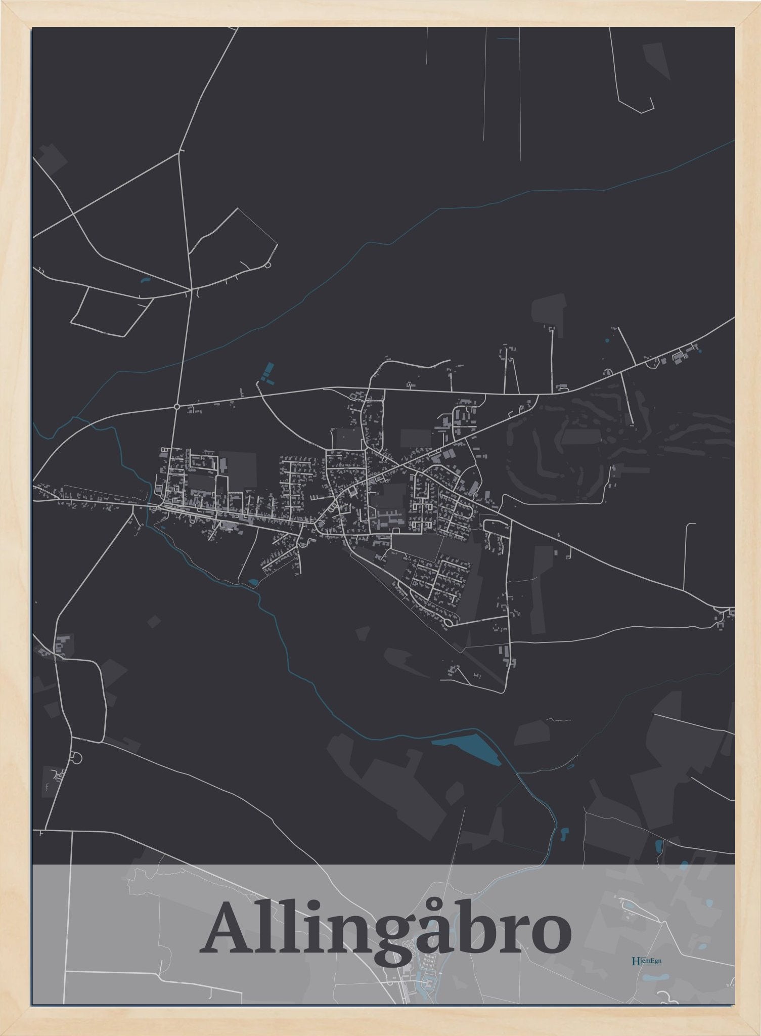 Allingåbro plakat i farve mørk brun og HjemEgn.dk design firkantet. Design bykort for Allingåbro