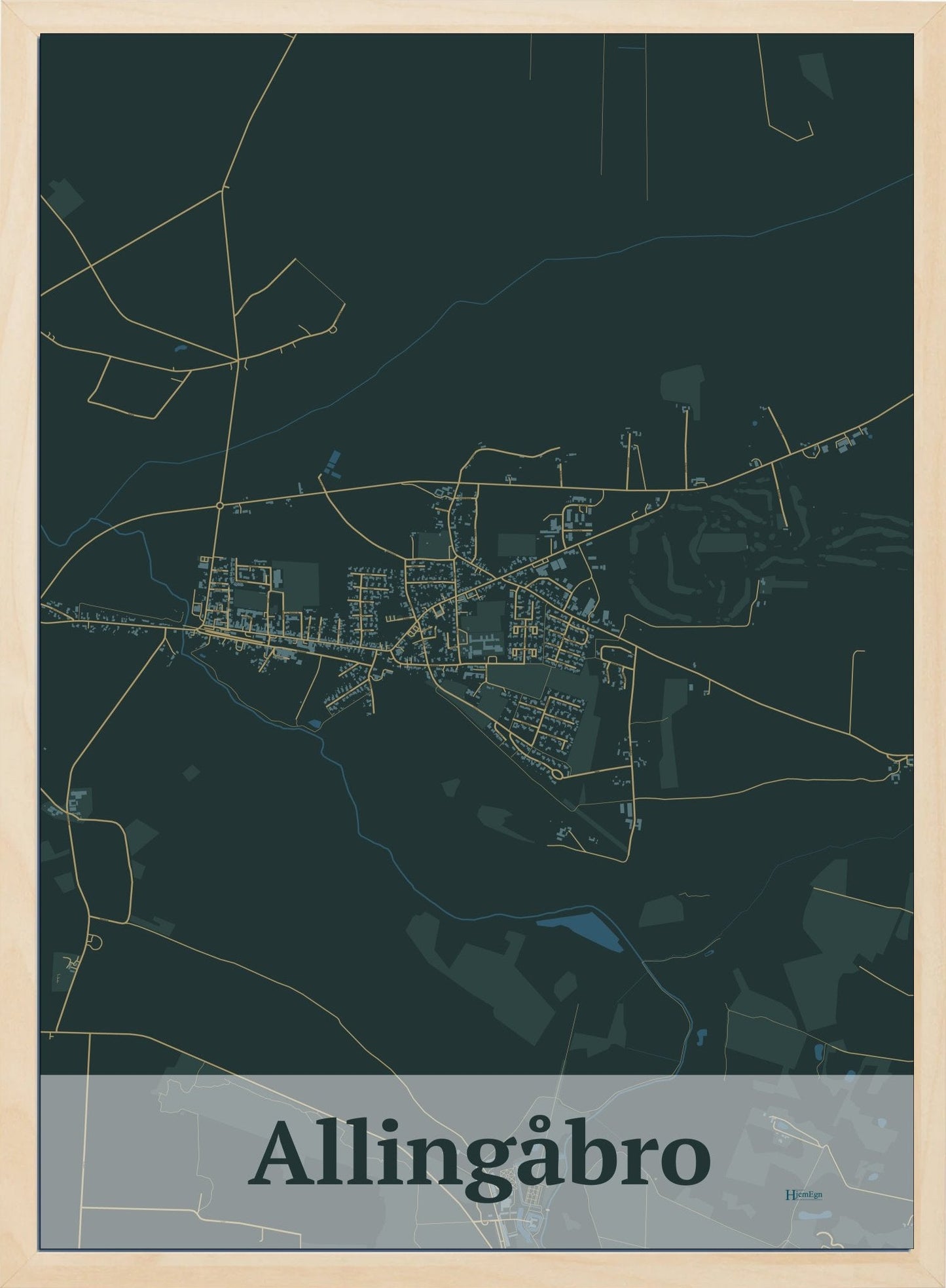 Allingåbro plakat i farve mørk grøn og HjemEgn.dk design firkantet. Design bykort for Allingåbro
