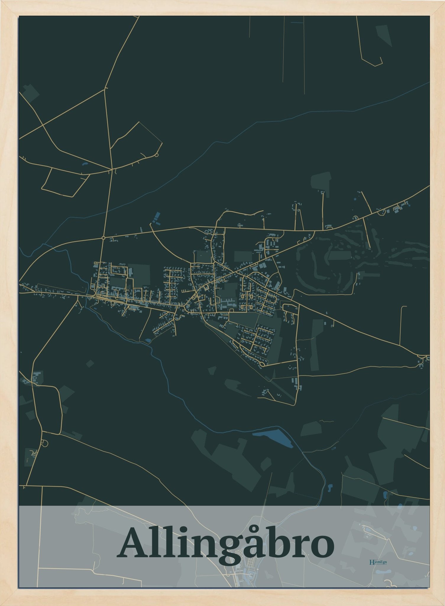 Allingåbro plakat i farve mørk grøn og HjemEgn.dk design firkantet. Design bykort for Allingåbro