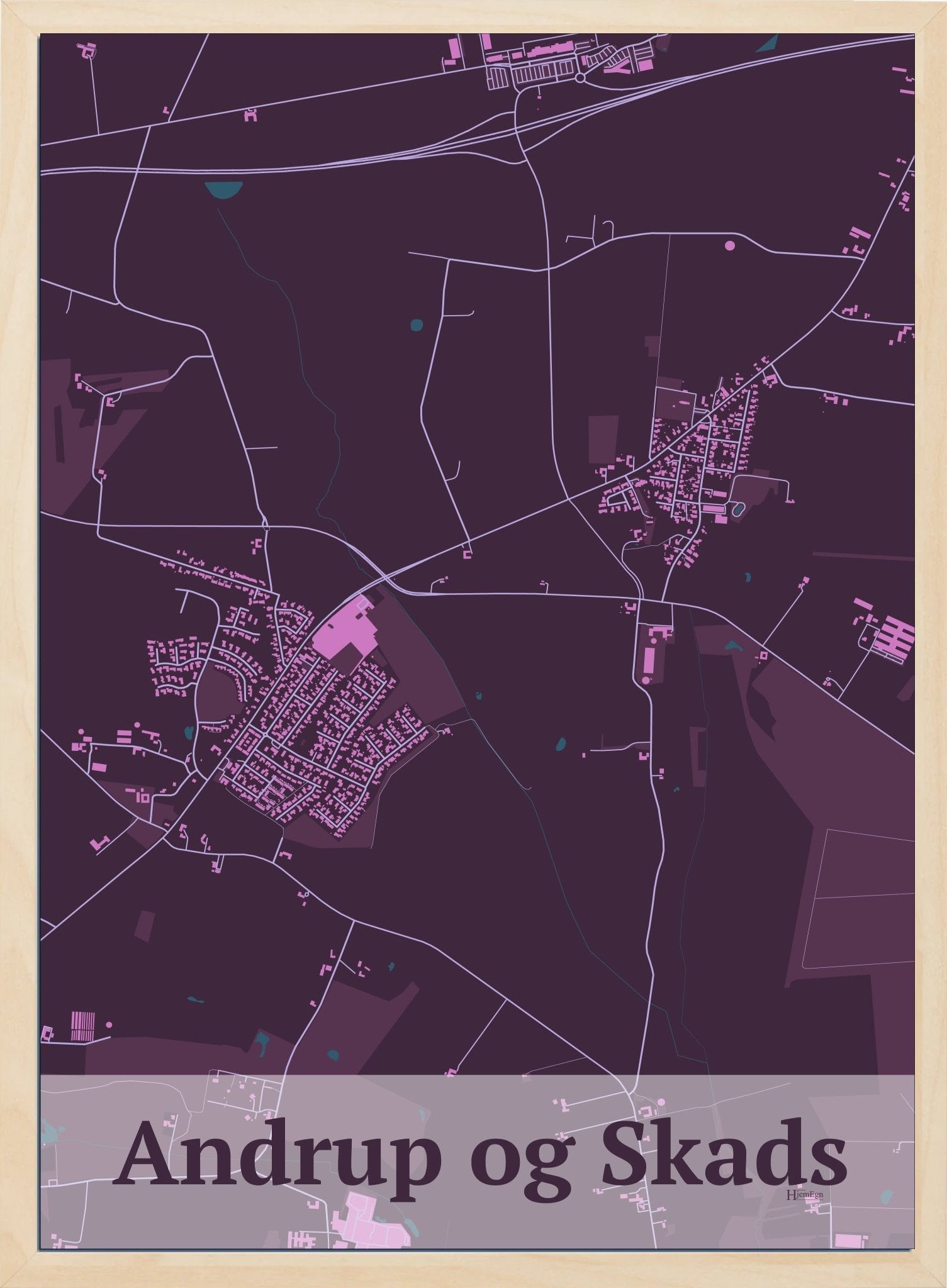 Andrup Og Skads plakat i farve mørk rød og HjemEgn.dk design firkantet. Design bykort for Andrup Og Skads