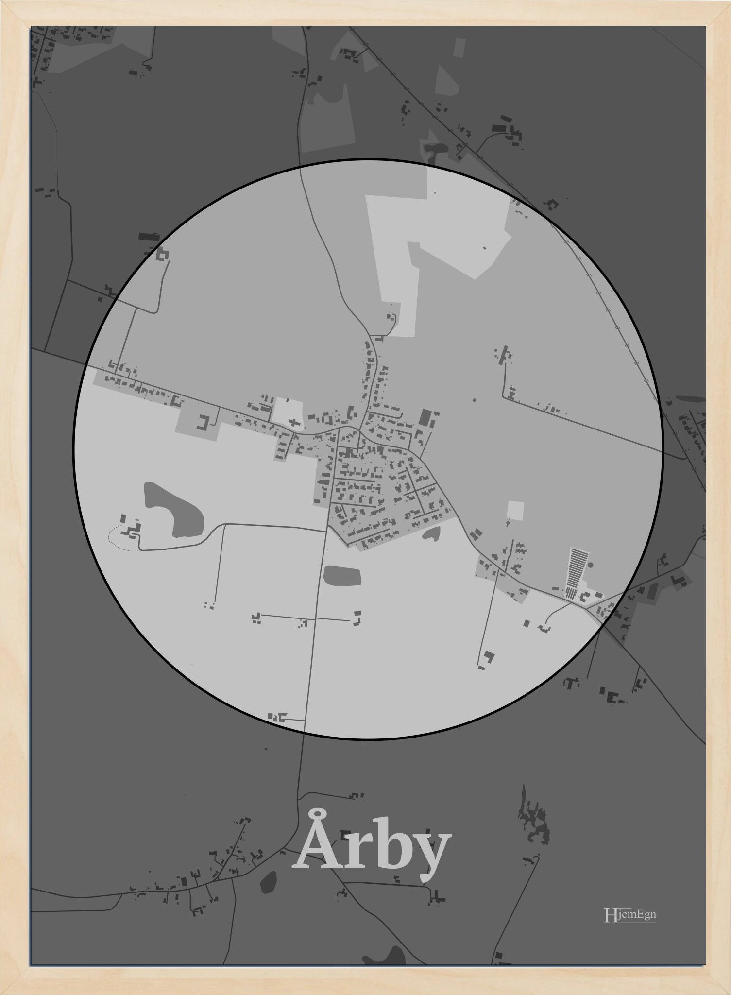 Årby plakat i farve pastel grå og HjemEgn.dk design centrum. Design bykort for Årby