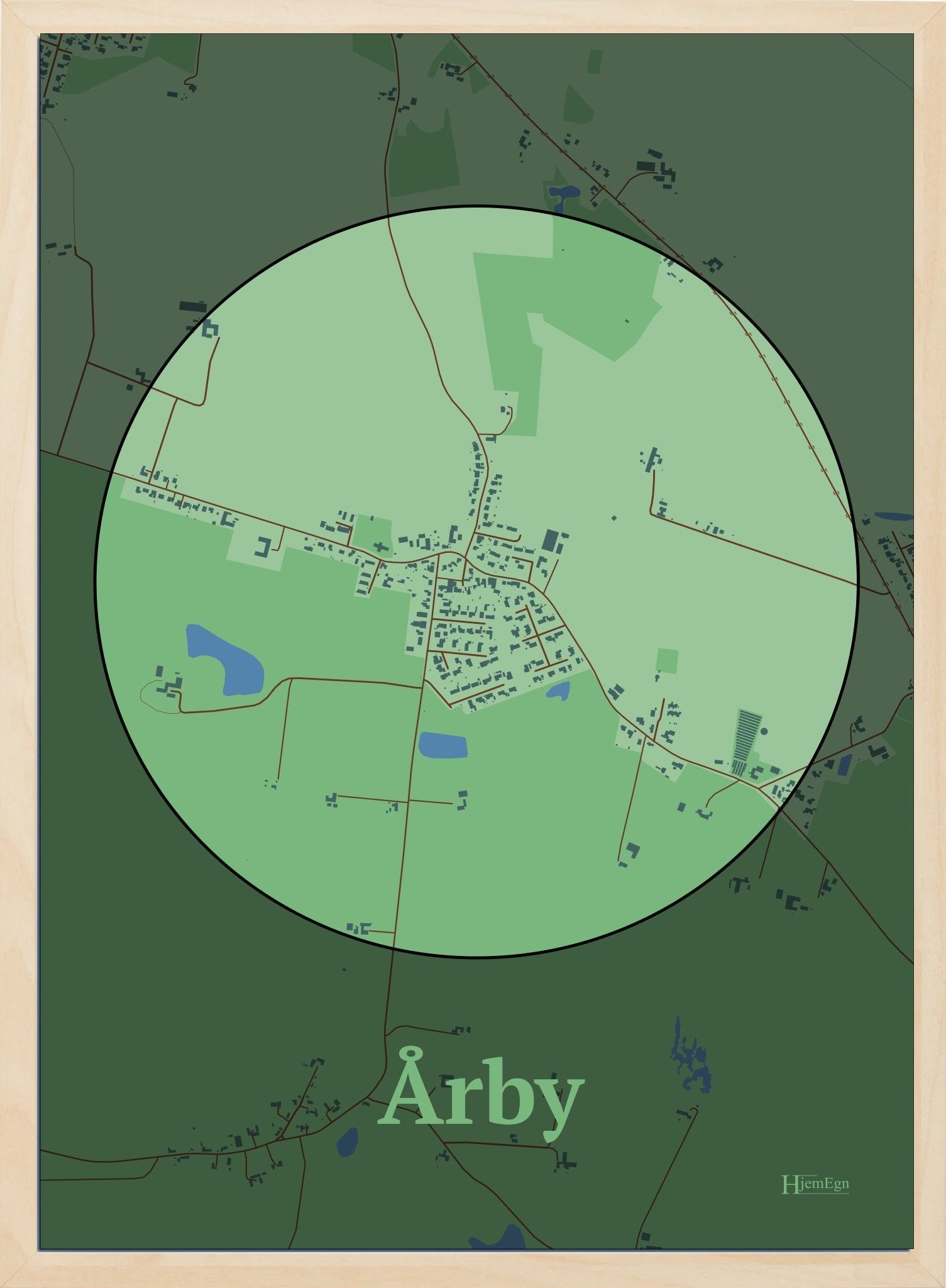 Årby plakat i farve pastel grøn og HjemEgn.dk design centrum. Design bykort for Årby