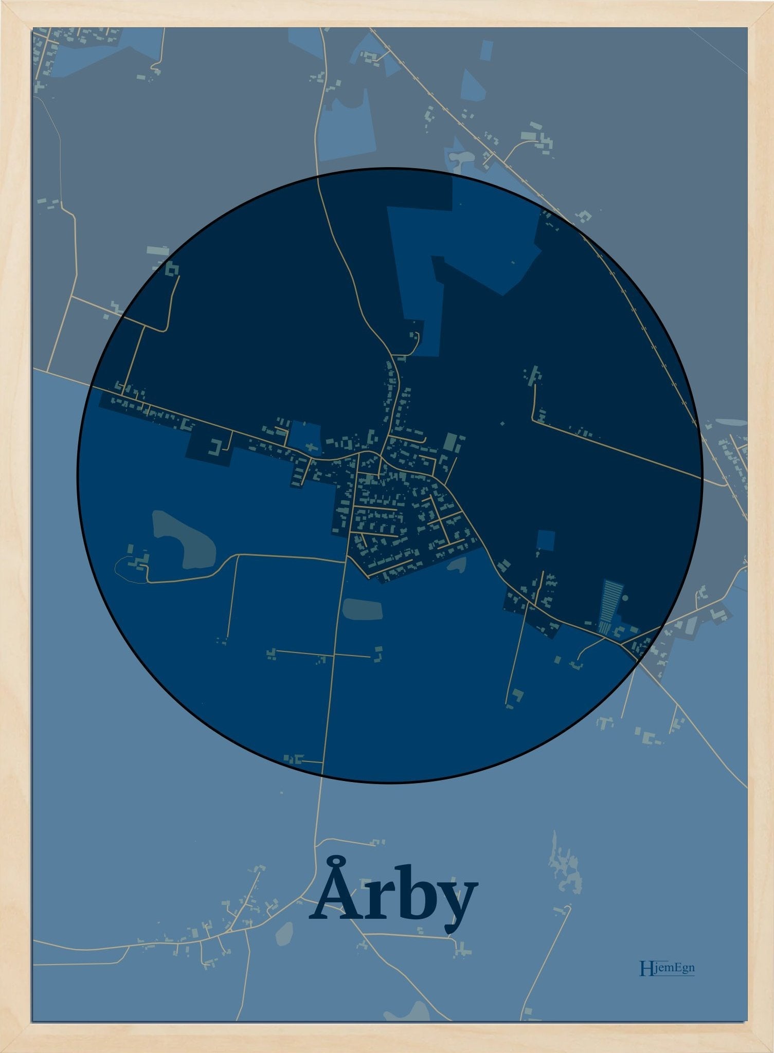 Årby plakat i farve mørk blå og HjemEgn.dk design centrum. Design bykort for Årby