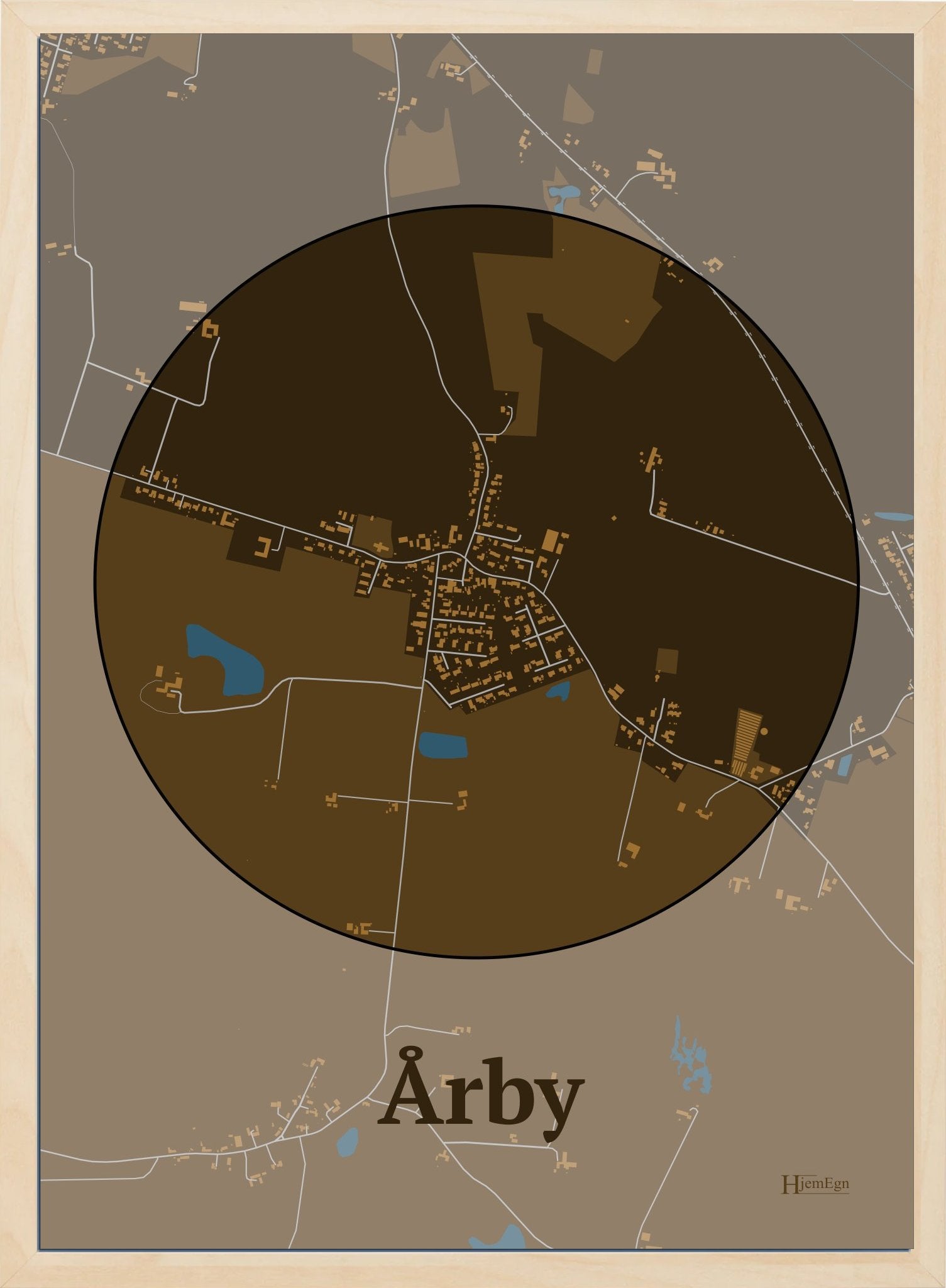 Årby plakat i farve mørk brun og HjemEgn.dk design centrum. Design bykort for Årby