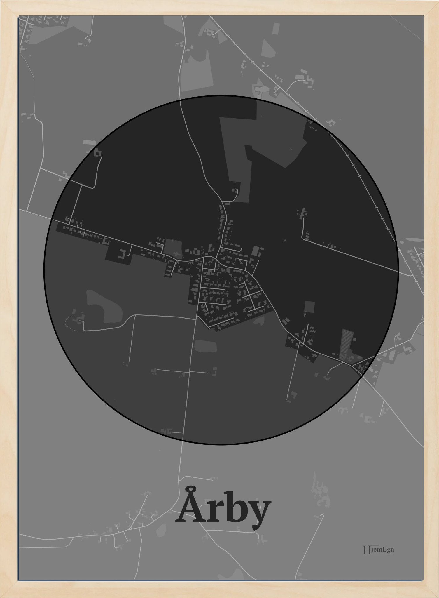 Årby plakat i farve mørk grå og HjemEgn.dk design centrum. Design bykort for Årby