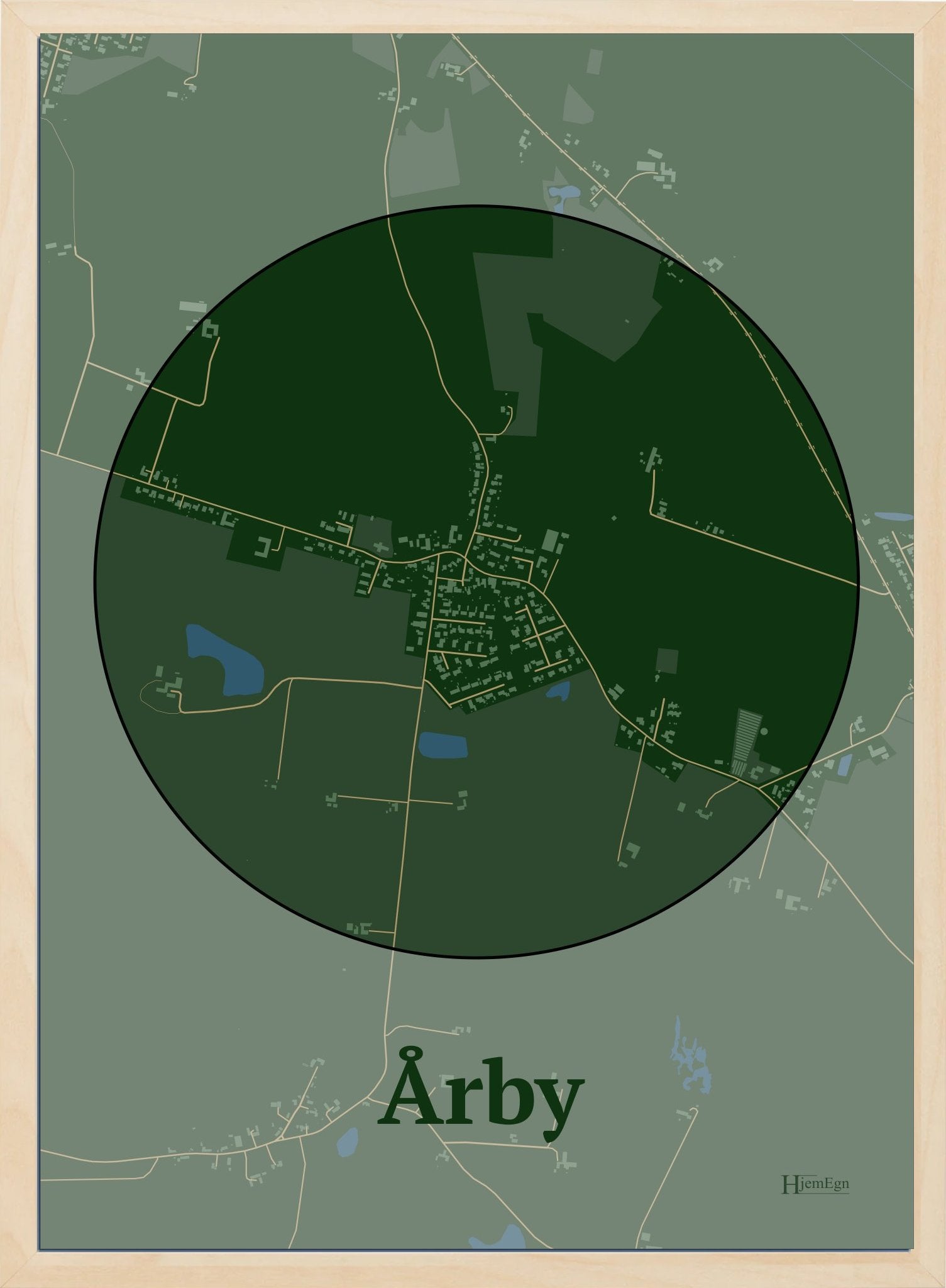 Årby plakat i farve mørk grøn og HjemEgn.dk design centrum. Design bykort for Årby