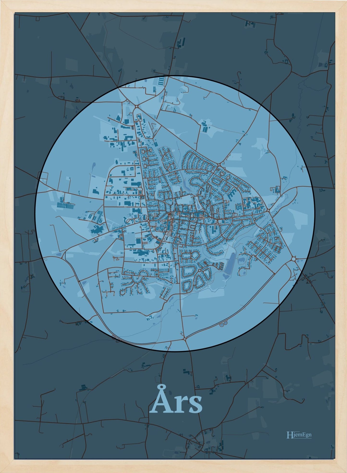 Års plakat i pastel blå og HjemEgn.dk design firkantet. Design bykort for Års