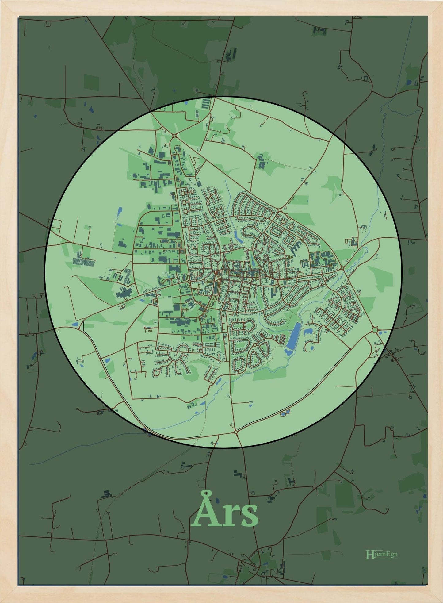 Års plakat i pastel grøn og HjemEgn.dk design firkantet. Design bykort for Års