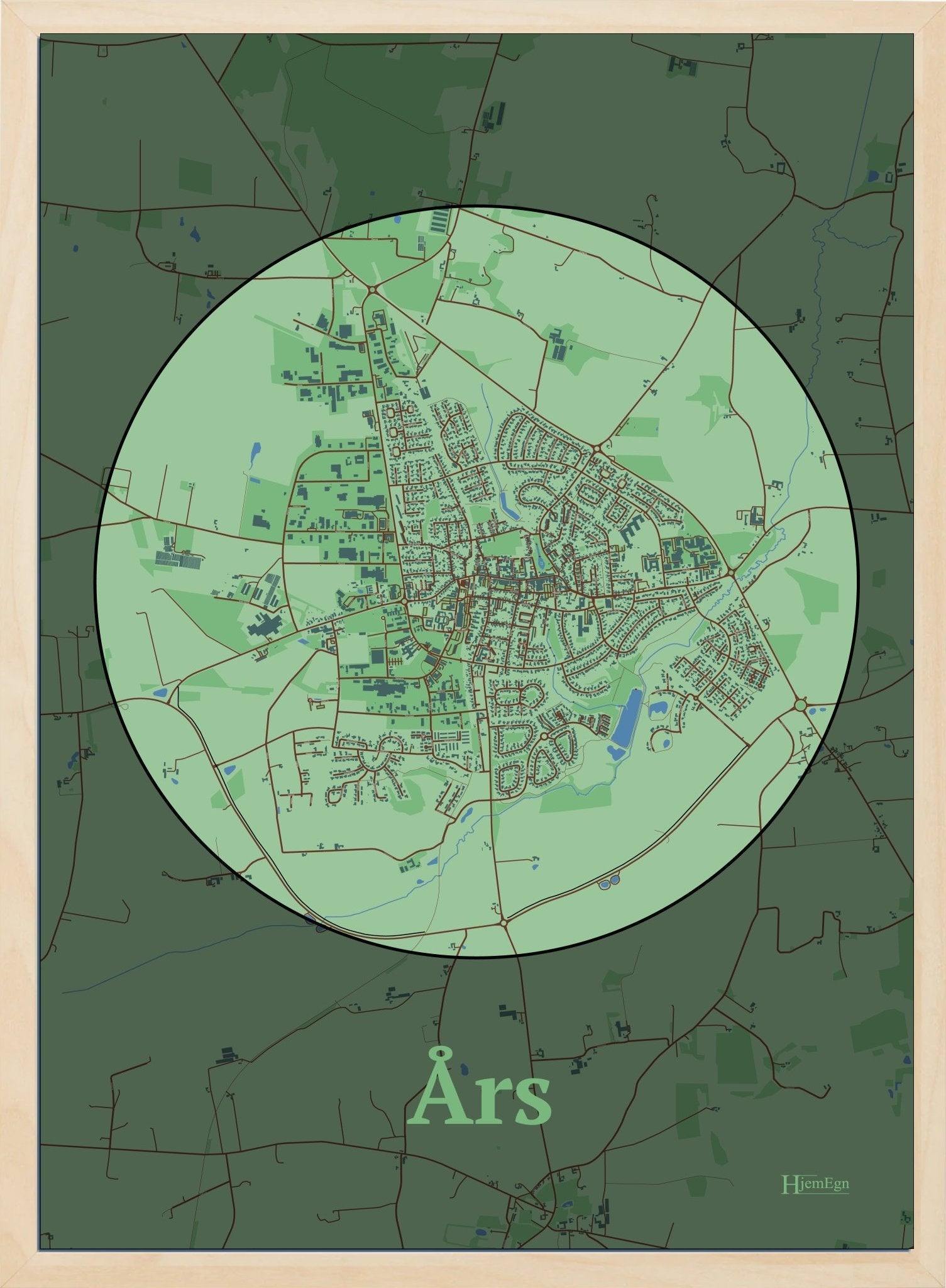 Års plakat i pastel grøn og HjemEgn.dk design firkantet. Design bykort for Års