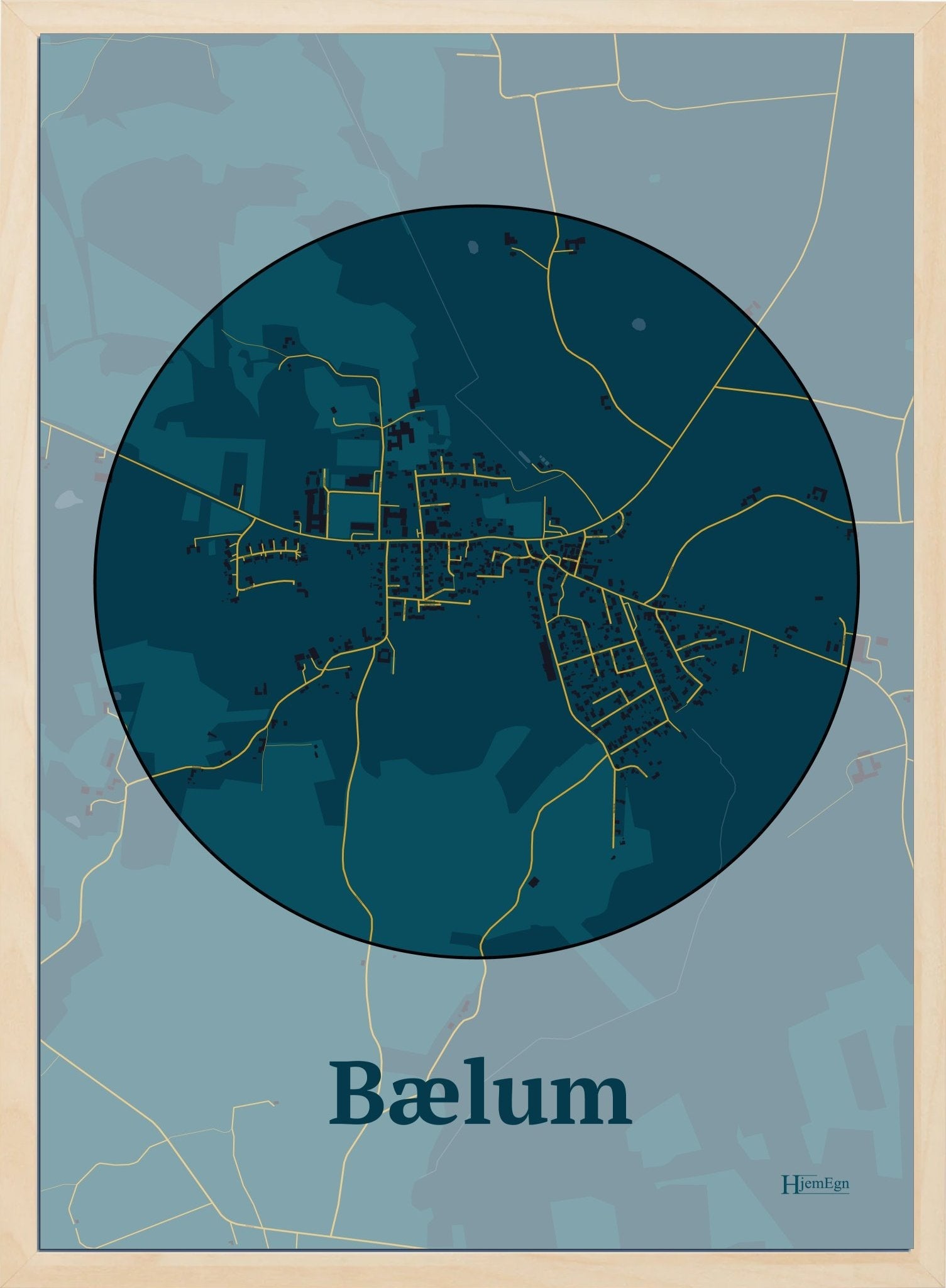 Bælum plakat i mørk brun og HjemEgn.dk design firkantet. Design bykort for Bælum