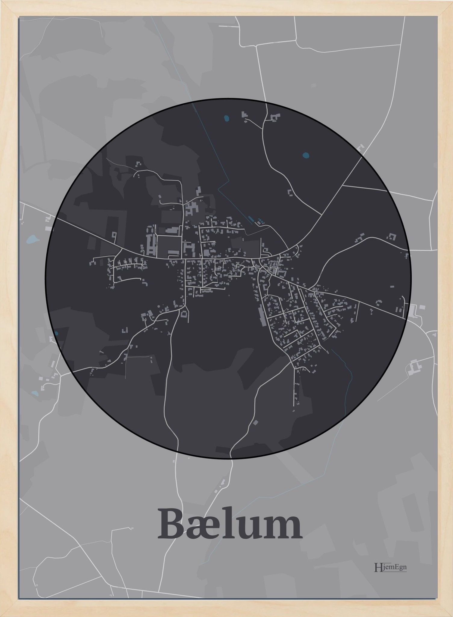 Bælum plakat i pastel lilla og HjemEgn.dk design firkantet. Design bykort for Bælum