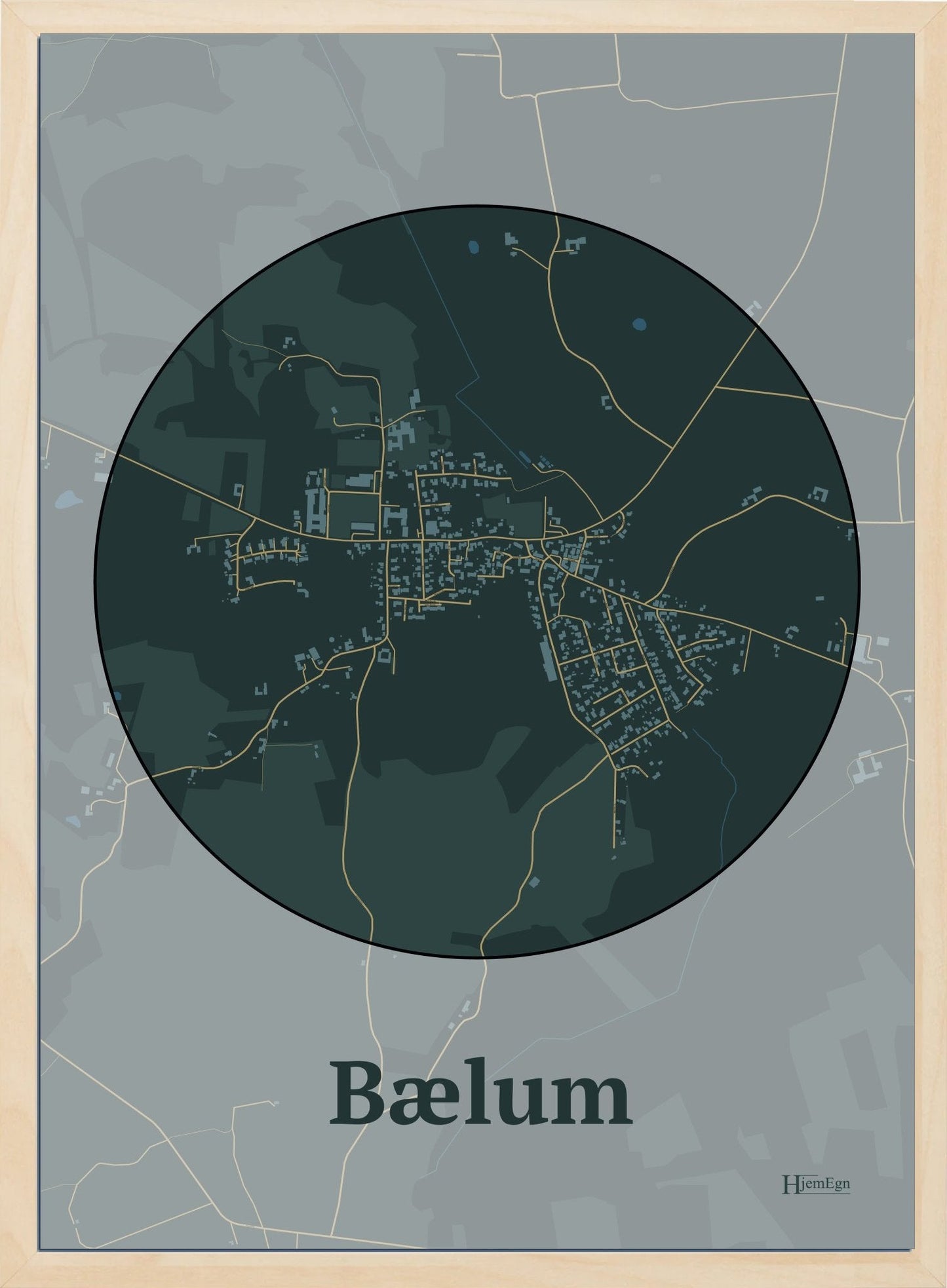 Bælum plakat i pastel rød og HjemEgn.dk design firkantet. Design bykort for Bælum