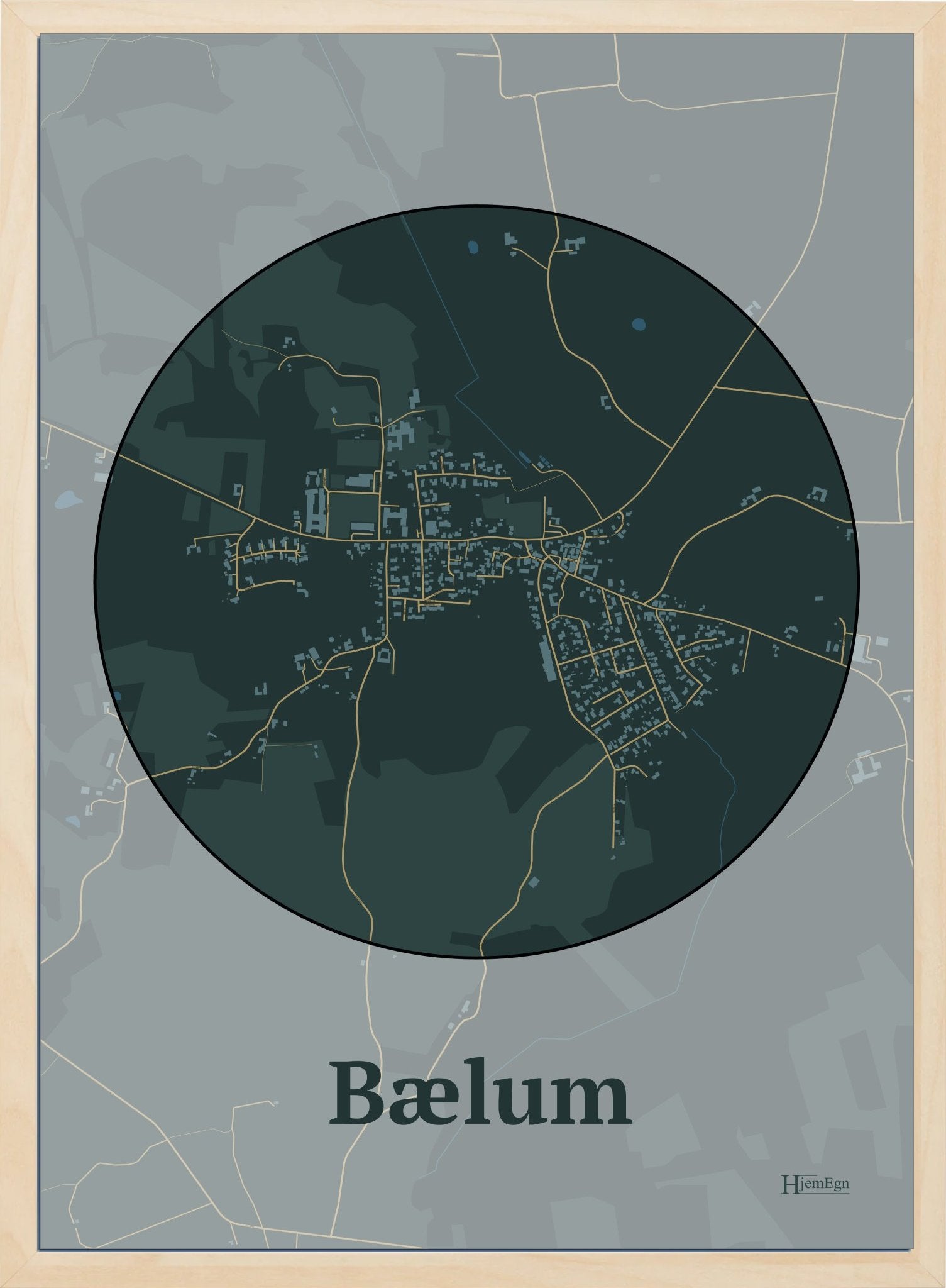 Bælum plakat i pastel rød og HjemEgn.dk design firkantet. Design bykort for Bælum