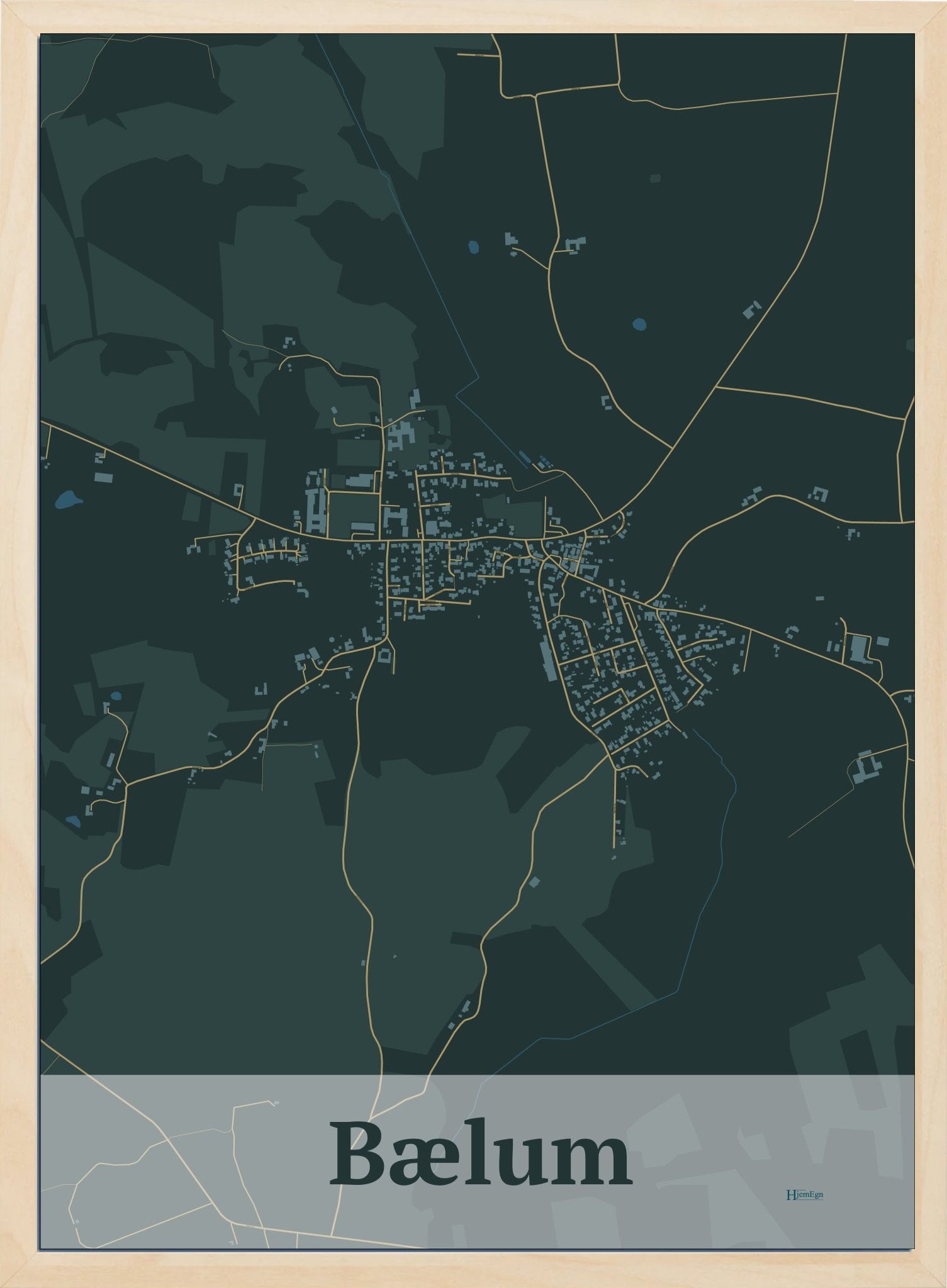 Bælum plakat i farve mørk grøn og HjemEgn.dk design firkantet. Design bykort for Bælum