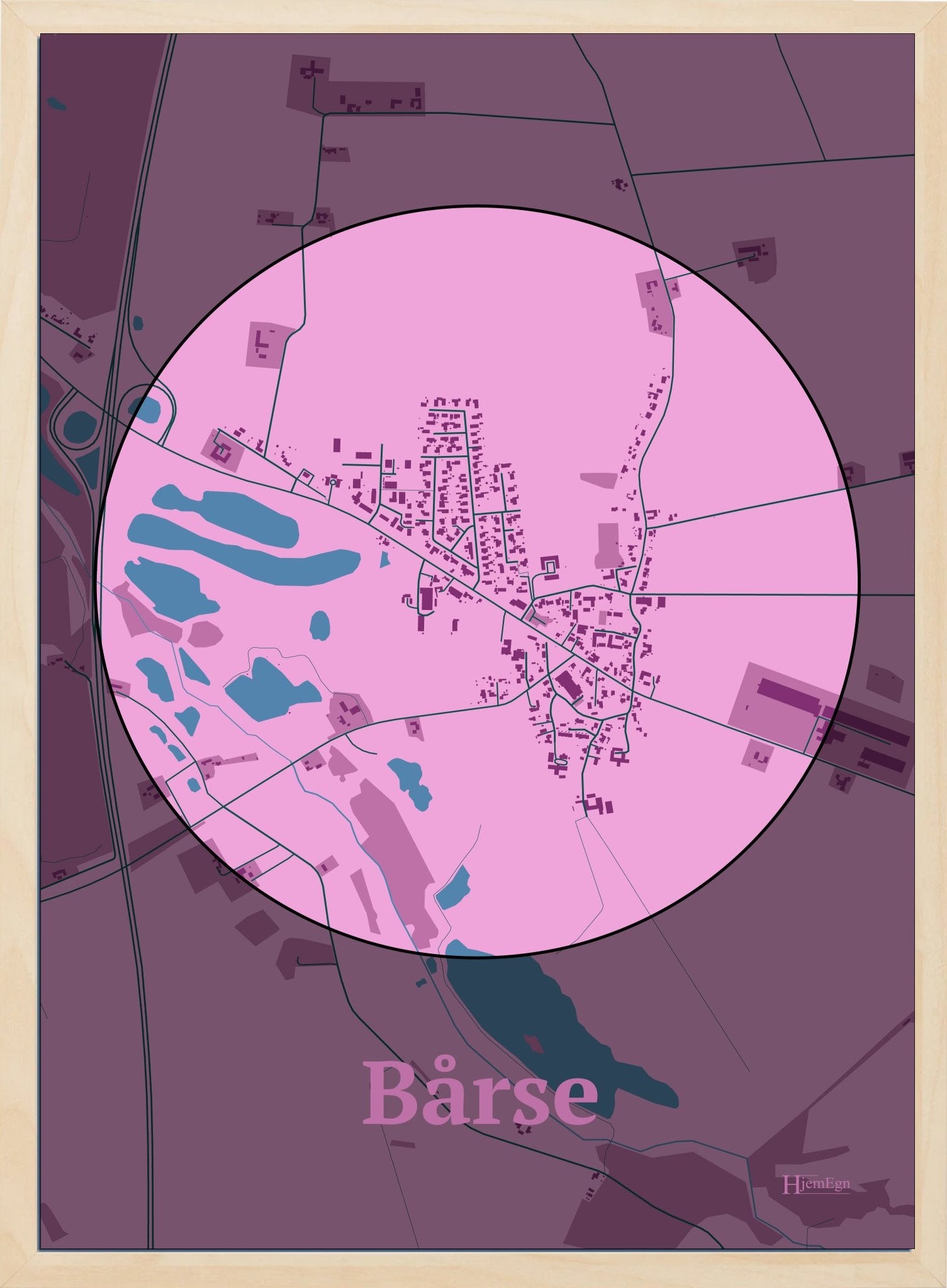 Bårse plakat i farve pastel rød og HjemEgn.dk design centrum. Design bykort for Bårse