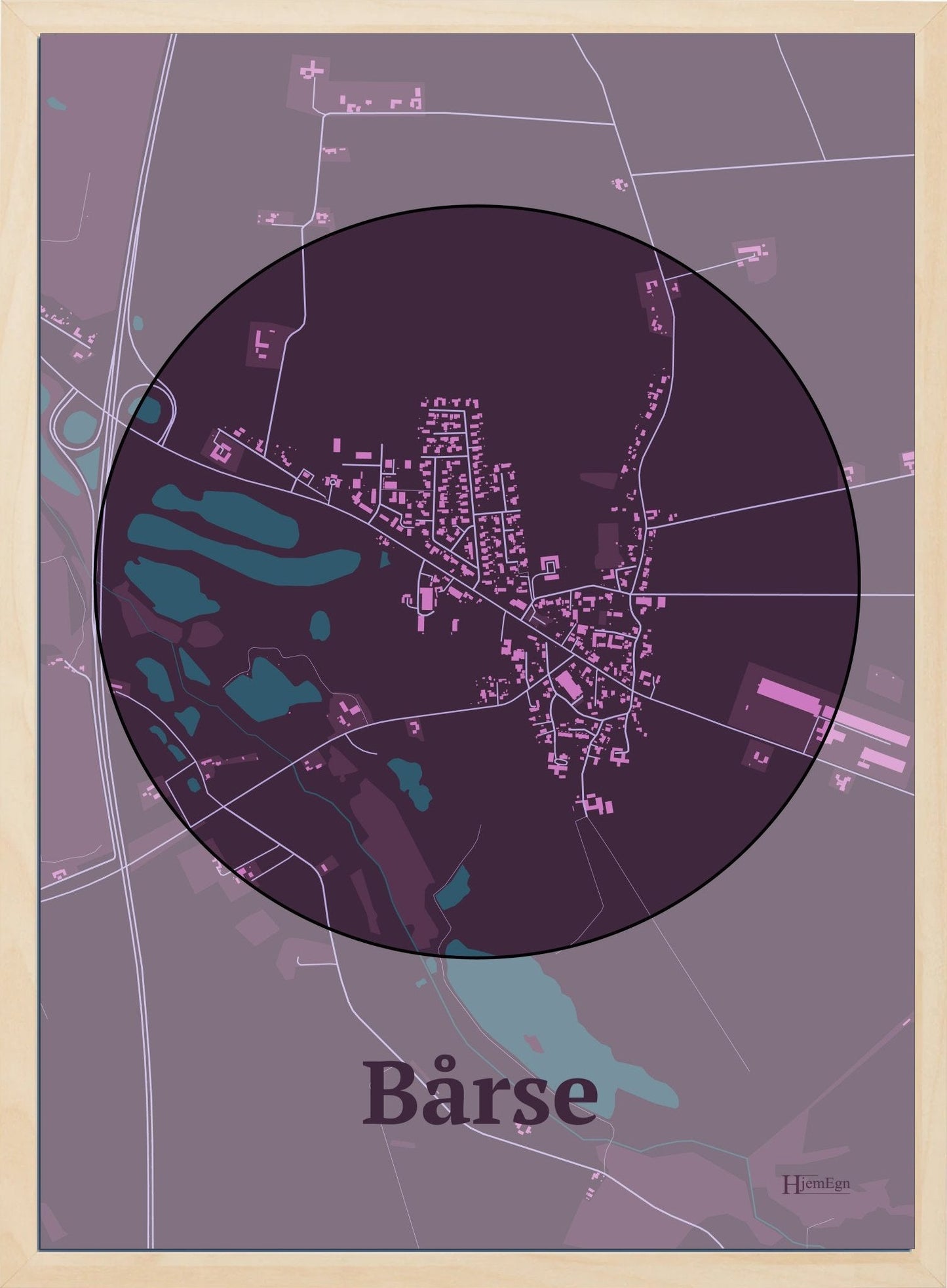 Bårse plakat i farve mørk rød og HjemEgn.dk design centrum. Design bykort for Bårse