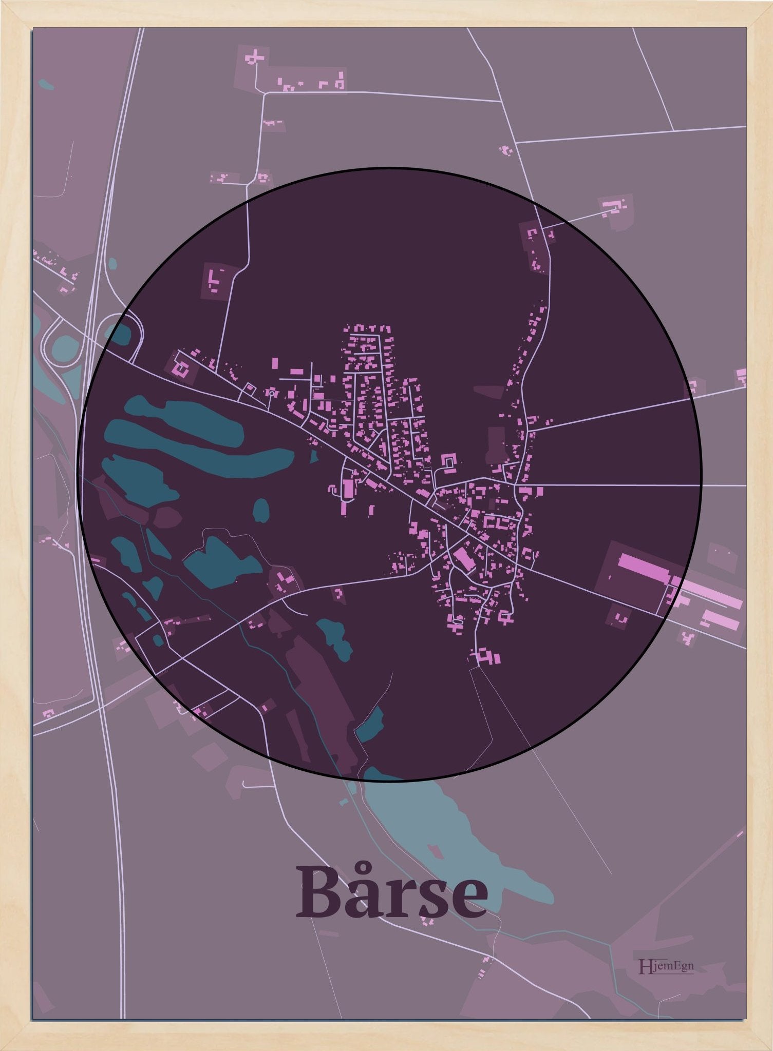 Bårse plakat i farve mørk rød og HjemEgn.dk design centrum. Design bykort for Bårse