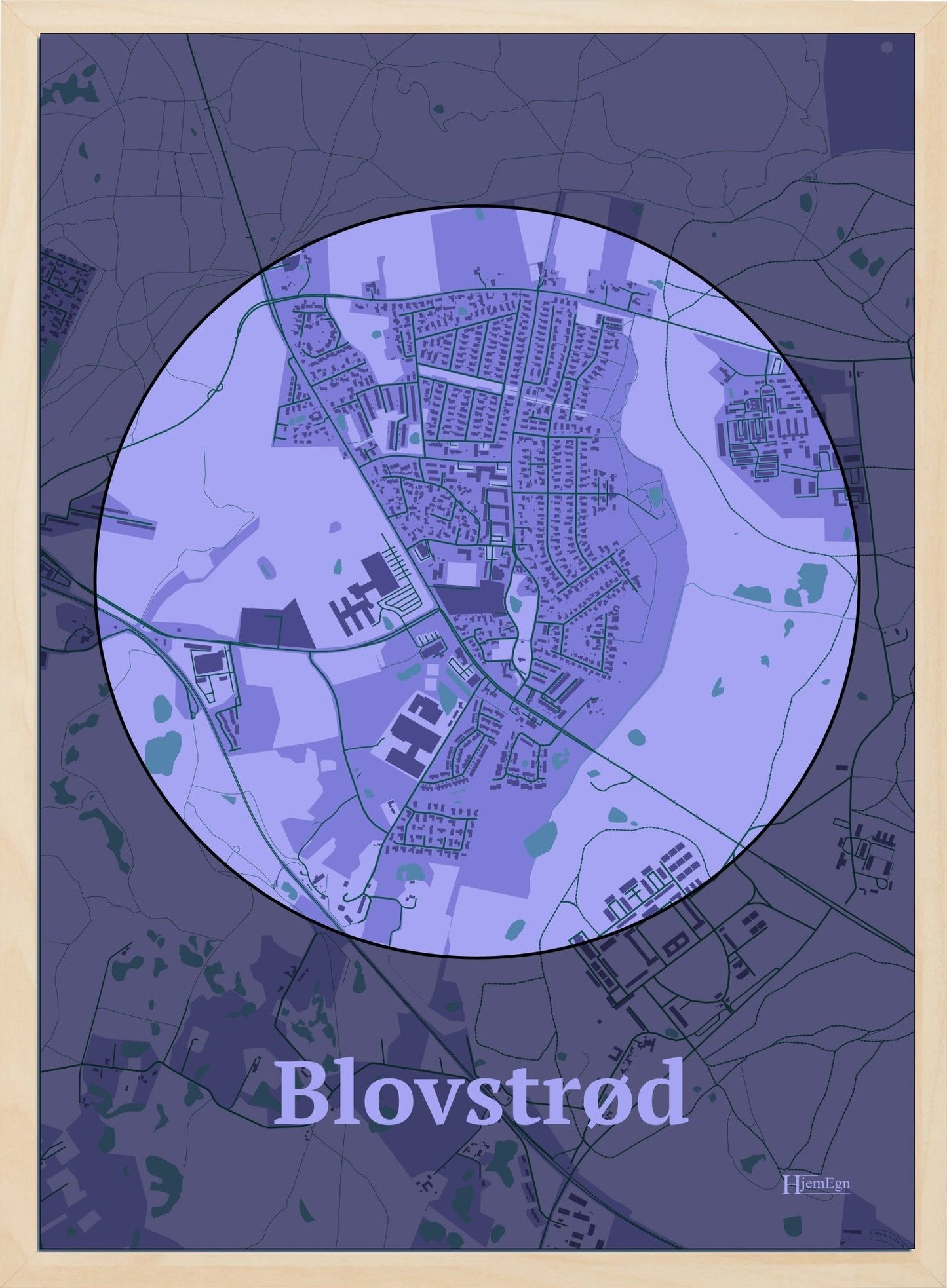Blovstrød plakat i farve pastel lilla og HjemEgn.dk design centrum. Design bykort for Blovstrød