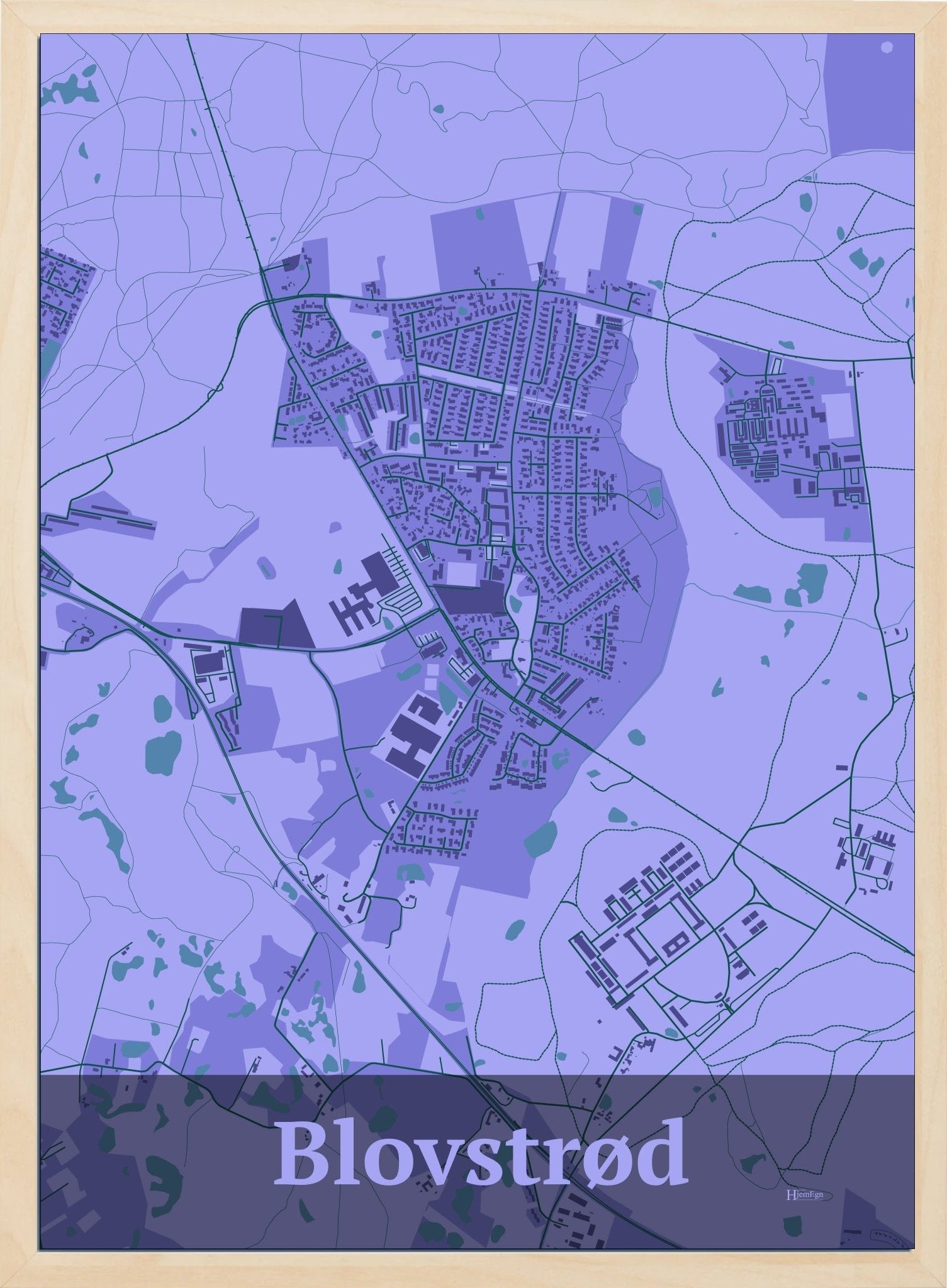 Blovstrød plakat i pastel grå og HjemEgn.dk design firkantet. Design bykort for Blovstrød