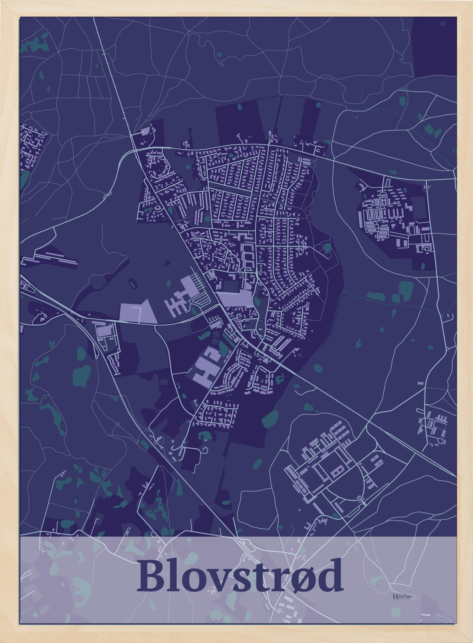 Blovstrød plakat i  mørk grå og HjemEgn.dk design firkantet. Design bykort for Blovstrød