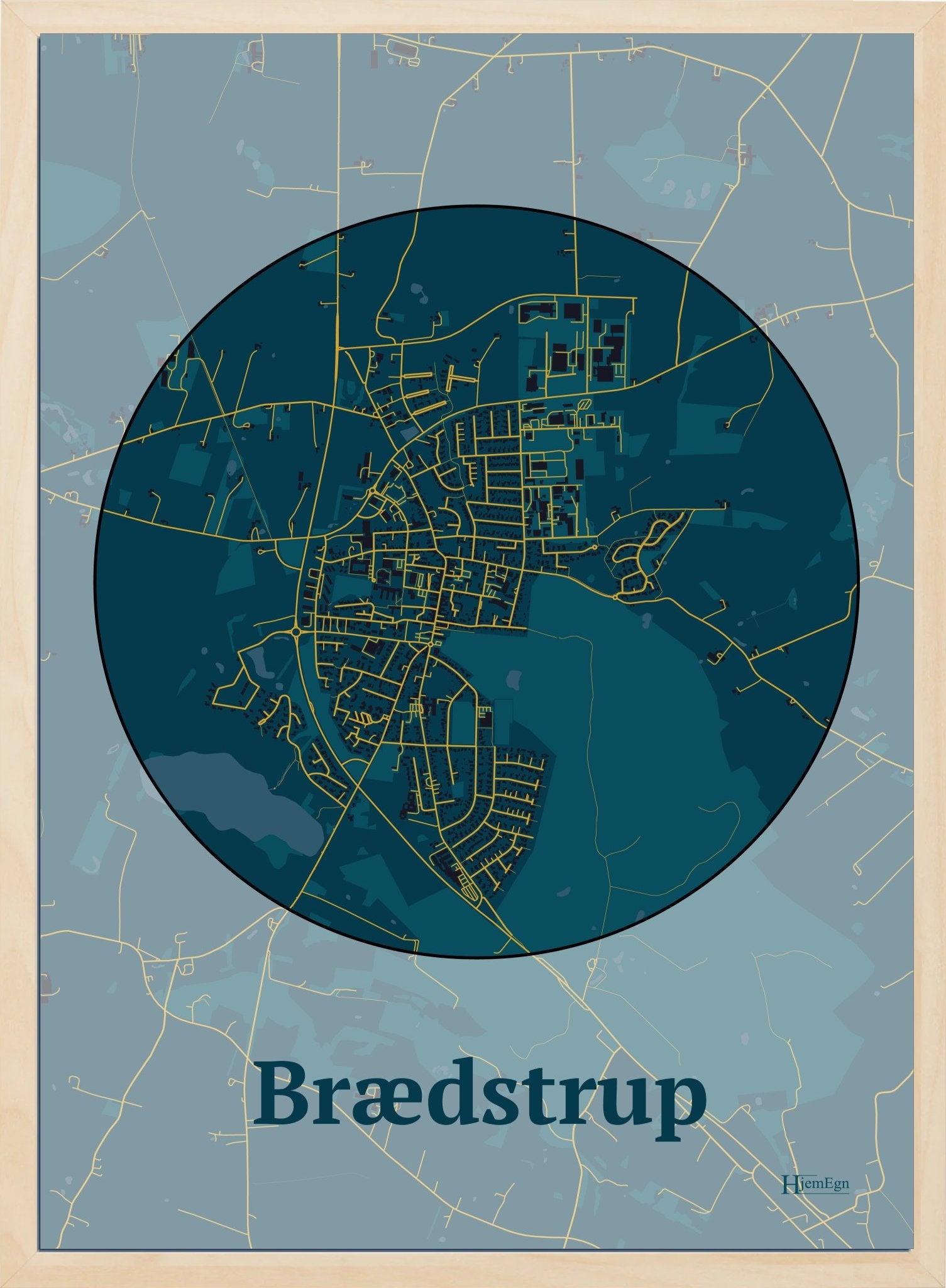 Brædstrup plakat i farve mørk blå og HjemEgn.dk design centrum. Design bykort for Brædstrup