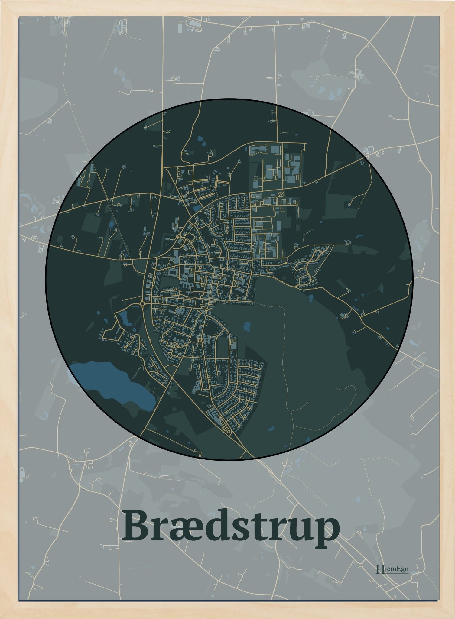 Brædstrup plakat i farve mørk grøn og HjemEgn.dk design centrum. Design bykort for Brædstrup