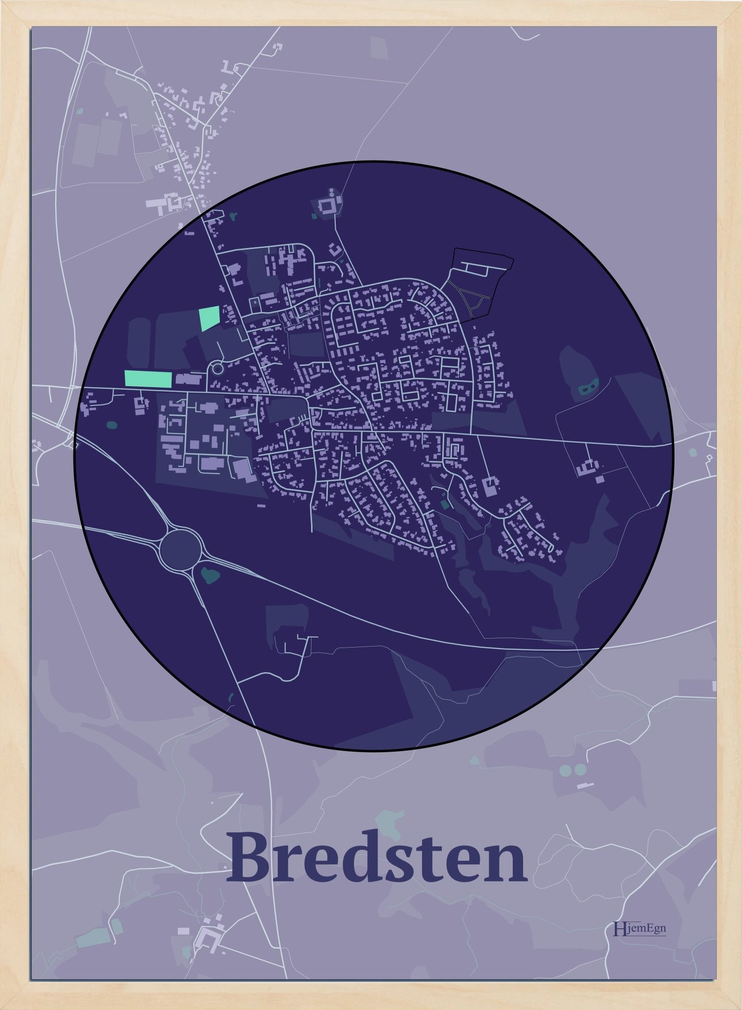Bredsten plakat i farve mørk lilla og HjemEgn.dk design centrum. Design bykort for Bredsten
