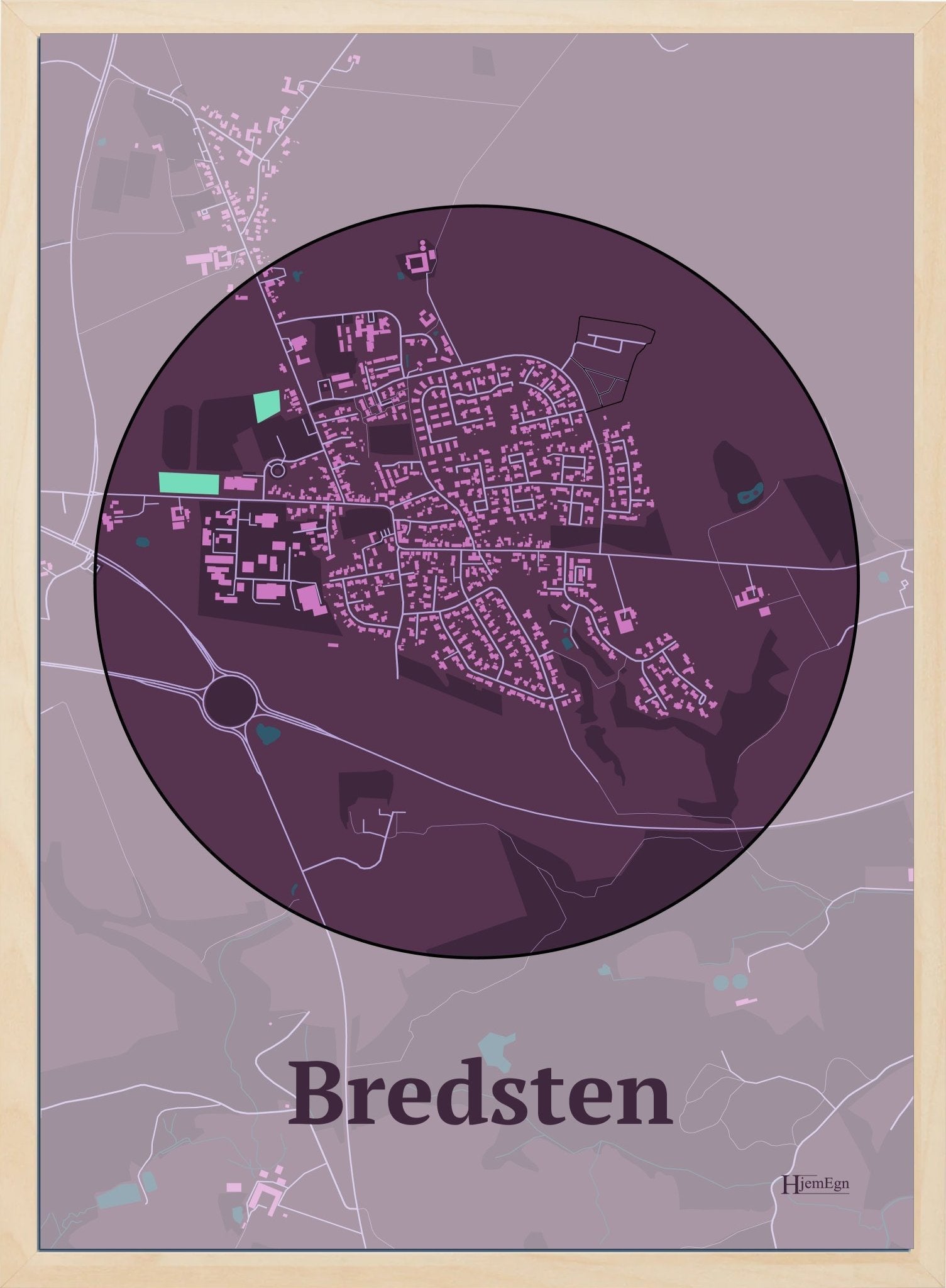 Bredsten plakat i farve mørk rød og HjemEgn.dk design centrum. Design bykort for Bredsten