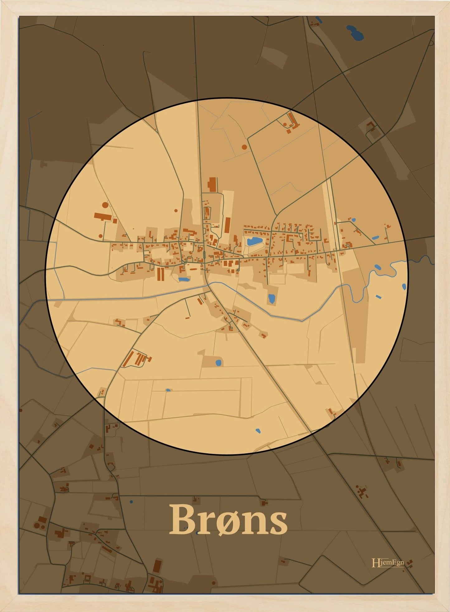 Brøns plakat i farve pastel brun og HjemEgn.dk design centrum. Design bykort for Brøns