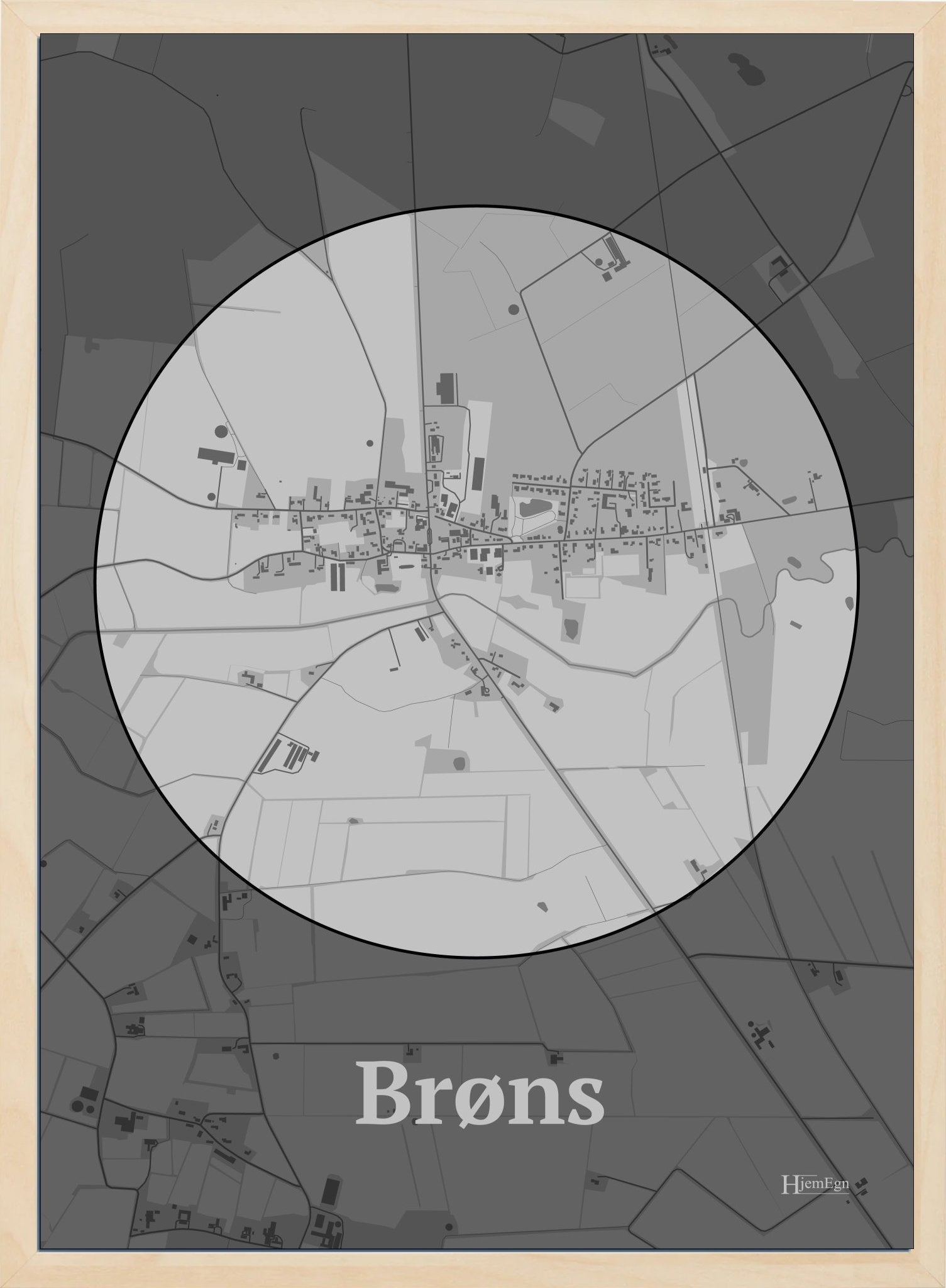 Brøns plakat i farve pastel grå og HjemEgn.dk design centrum. Design bykort for Brøns