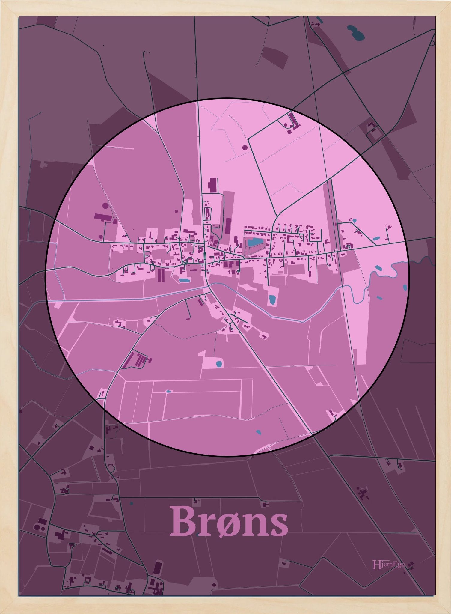 Brøns plakat i farve pastel rød og HjemEgn.dk design centrum. Design bykort for Brøns