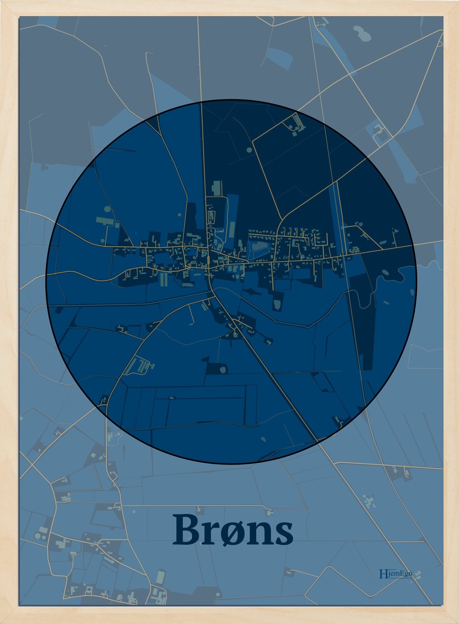 Brøns plakat i farve mørk blå og HjemEgn.dk design centrum. Design bykort for Brøns