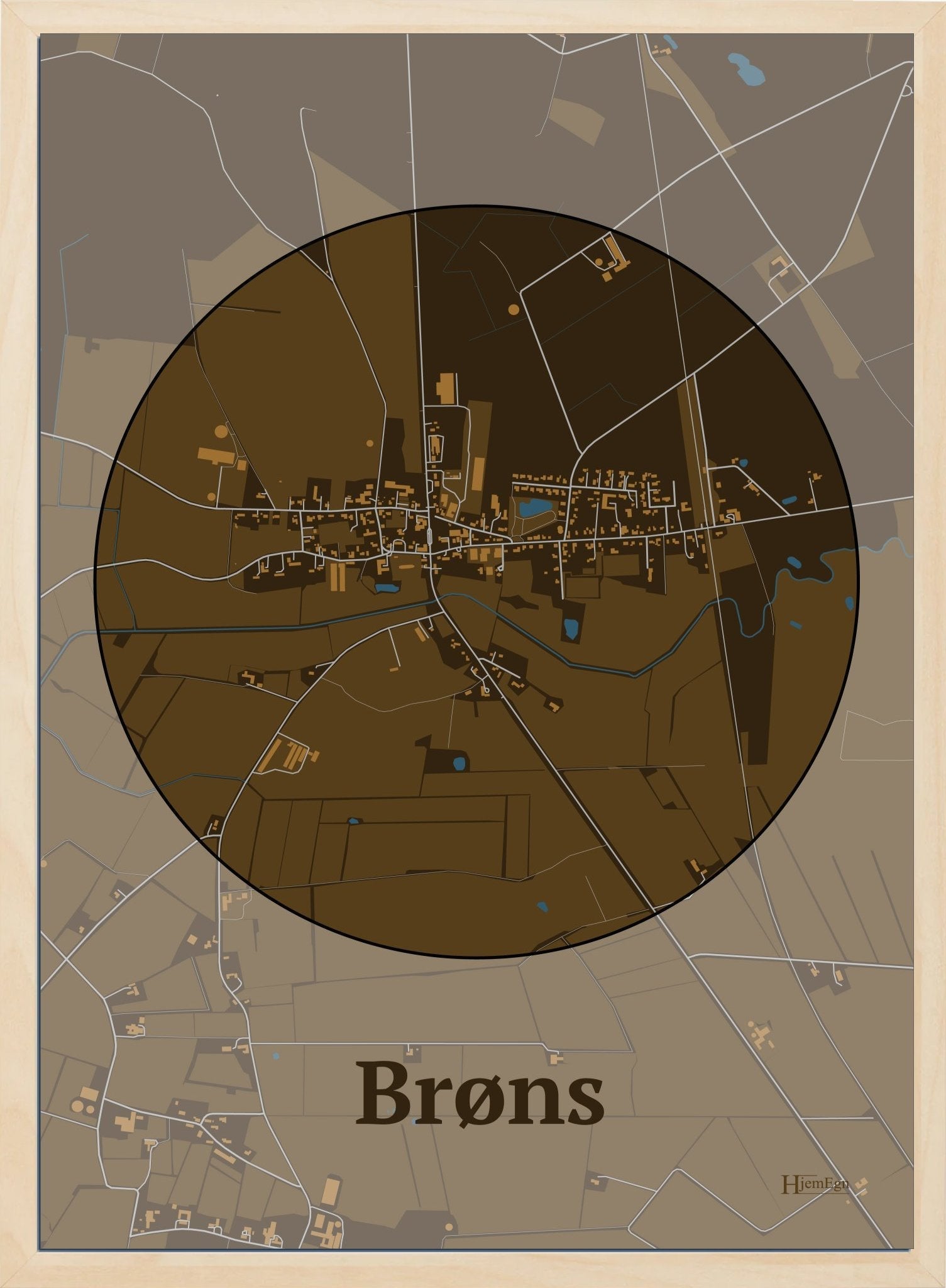 Brøns plakat i farve mørk brun og HjemEgn.dk design centrum. Design bykort for Brøns