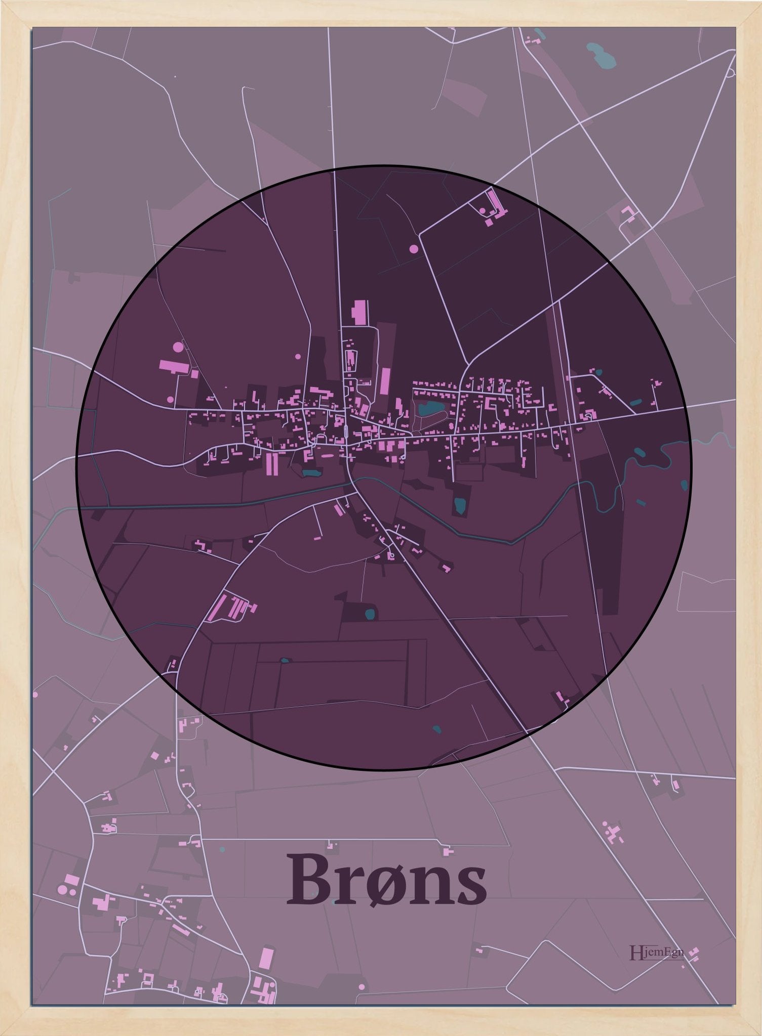 Brøns plakat i farve mørk rød og HjemEgn.dk design centrum. Design bykort for Brøns
