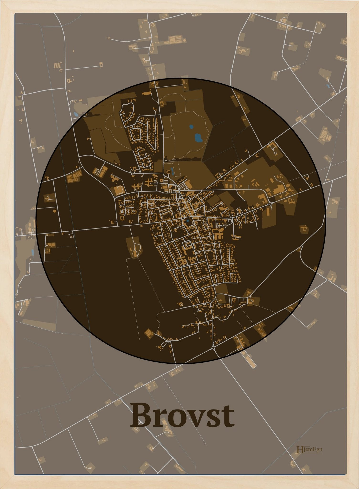 Brovst plakat i farve mørk brun og HjemEgn.dk design centrum. Design bykort for Brovst