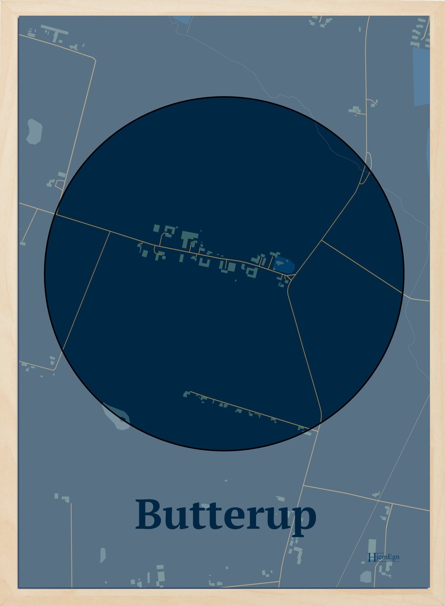 Butterup plakat i farve mørk blå og HjemEgn.dk design centrum. Design bykort for Butterup