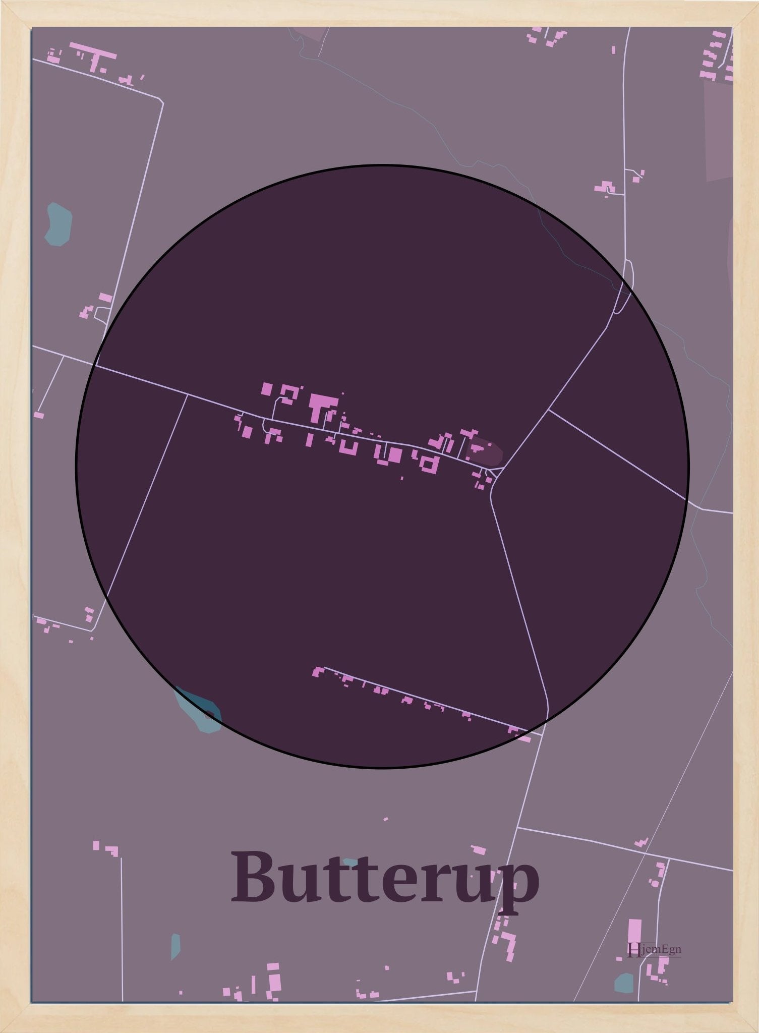 Butterup plakat i farve mørk rød og HjemEgn.dk design centrum. Design bykort for Butterup