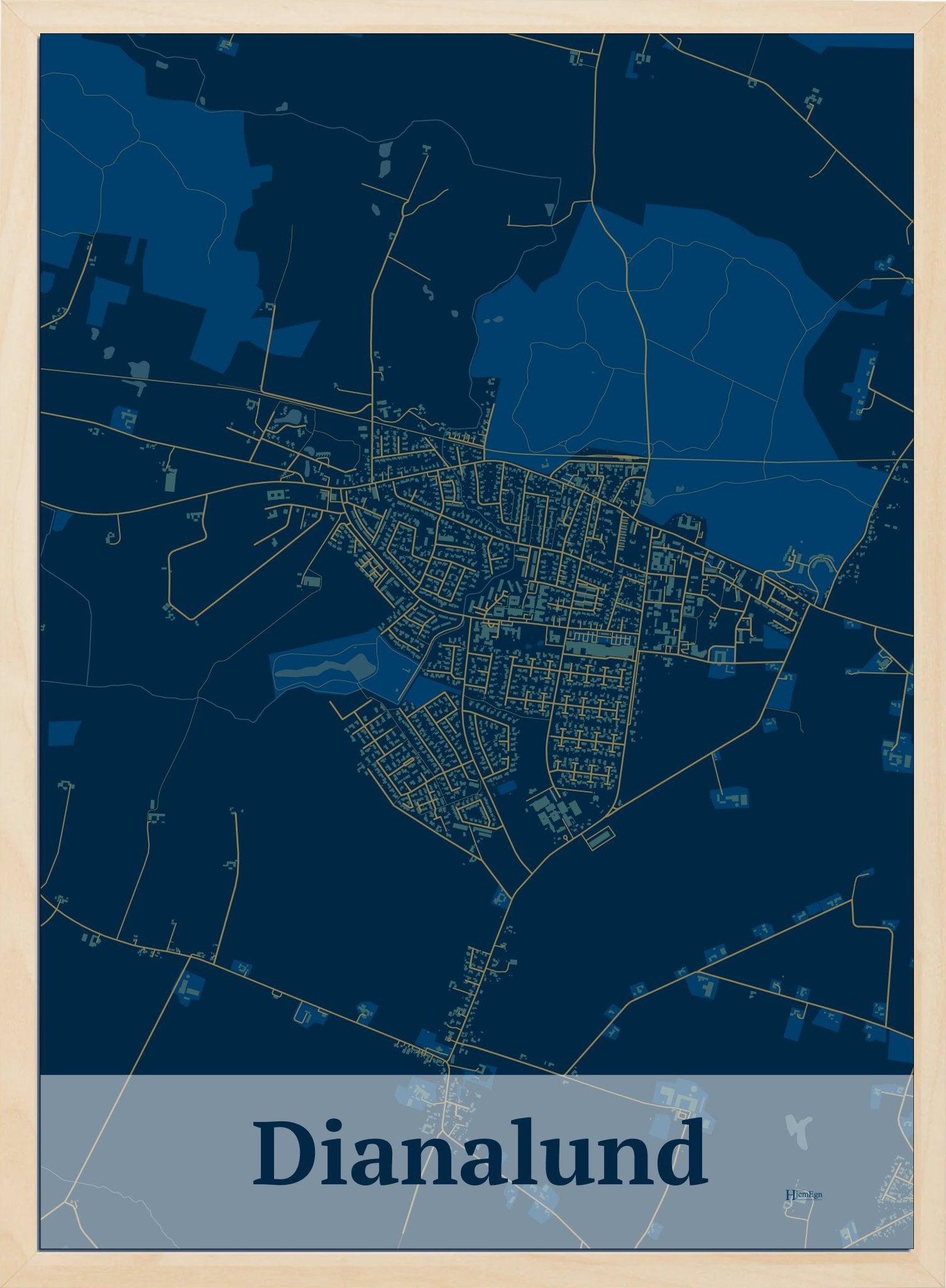 Dianalund plakat i farve mørk blå og HjemEgn.dk design firkantet. Design bykort for Dianalund