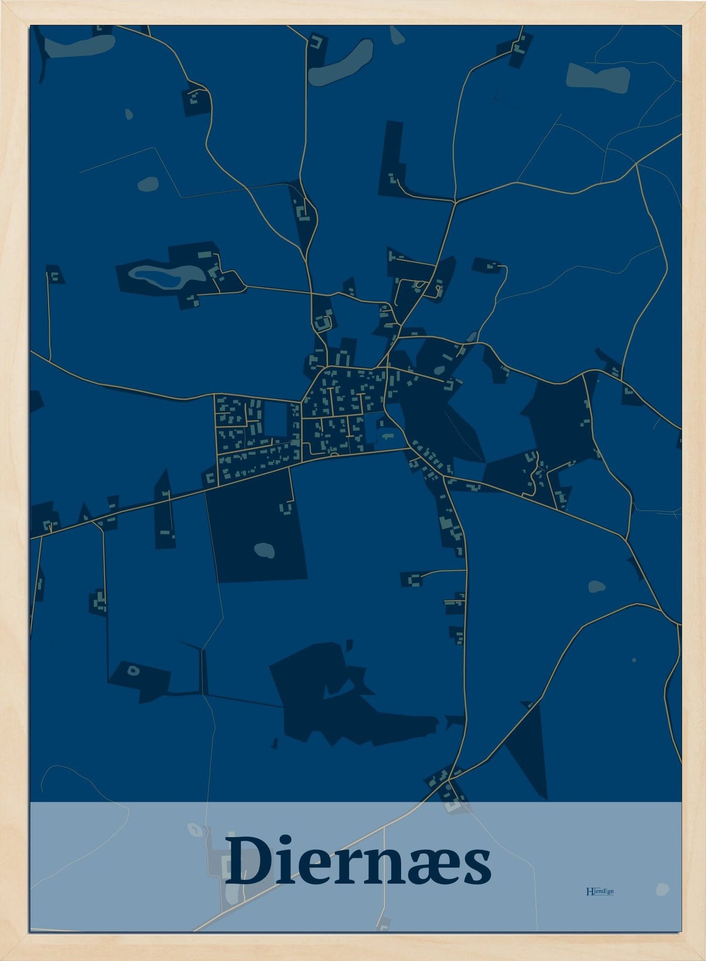 Diernæs plakat i farve mørk blå og HjemEgn.dk design firkantet. Design bykort for Diernæs