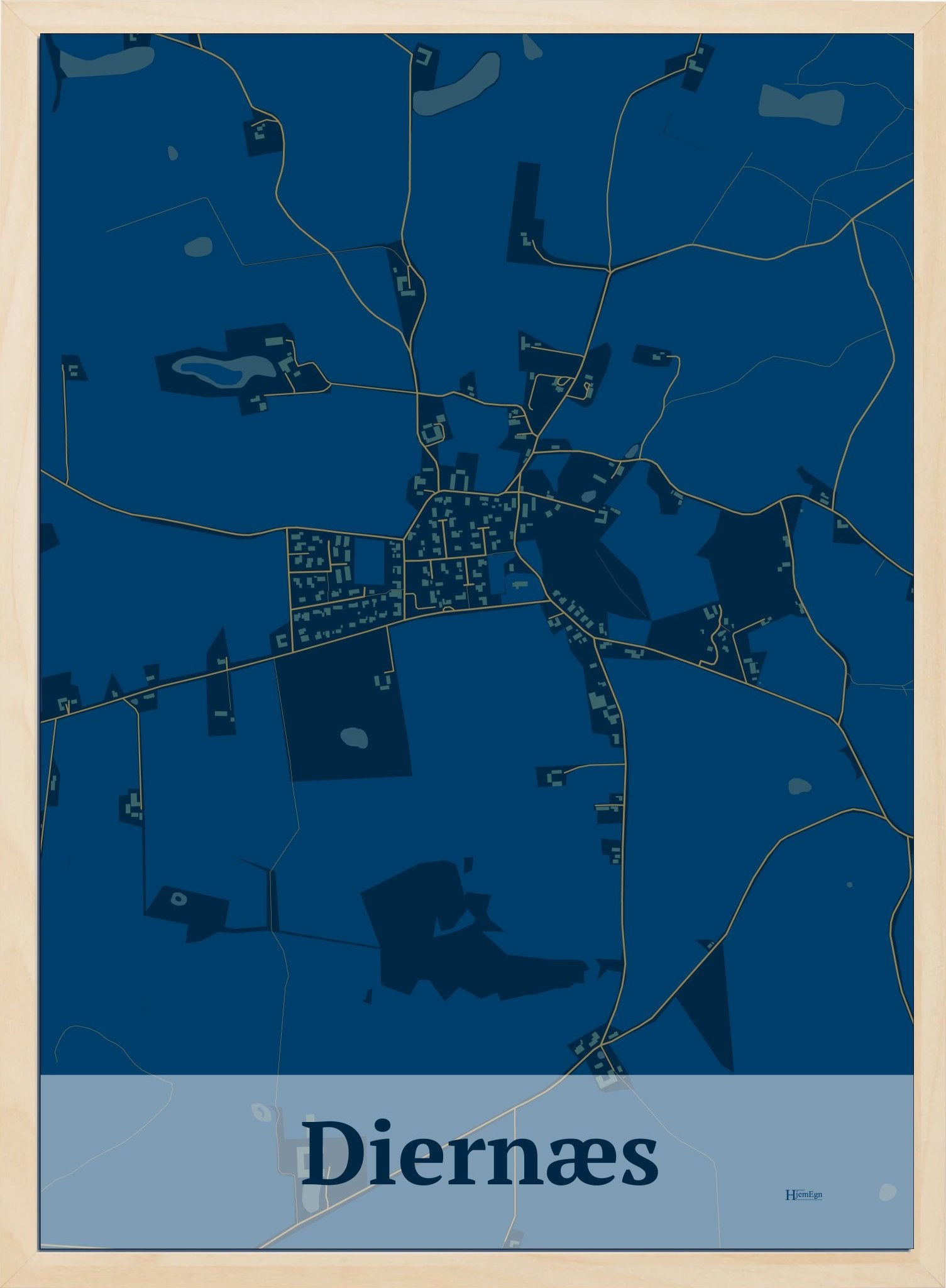 Diernæs plakat i farve mørk blå og HjemEgn.dk design firkantet. Design bykort for Diernæs