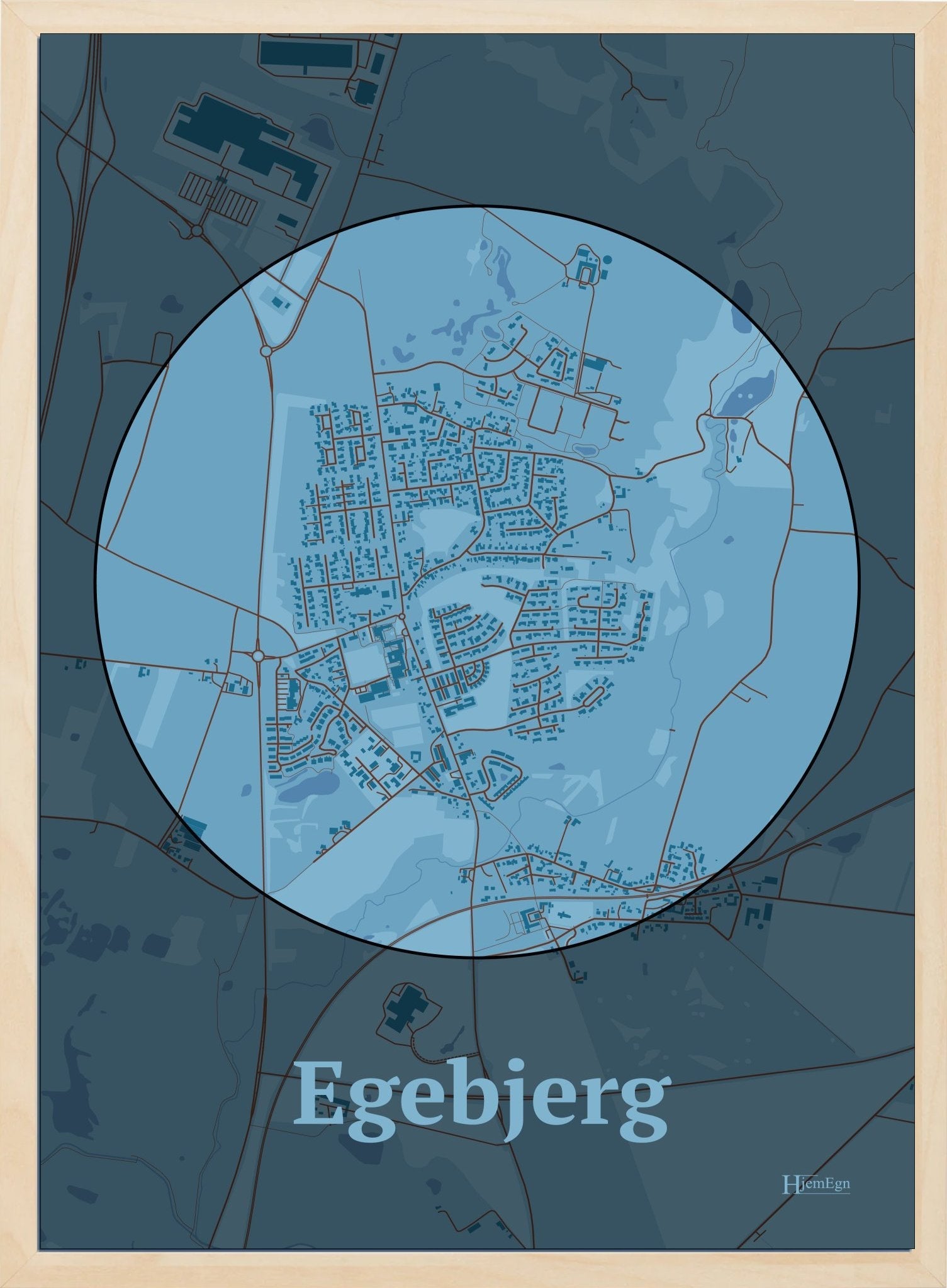 Egebjerg plakat i farve pastel blå og HjemEgn.dk design centrum. Design bykort for Egebjerg
