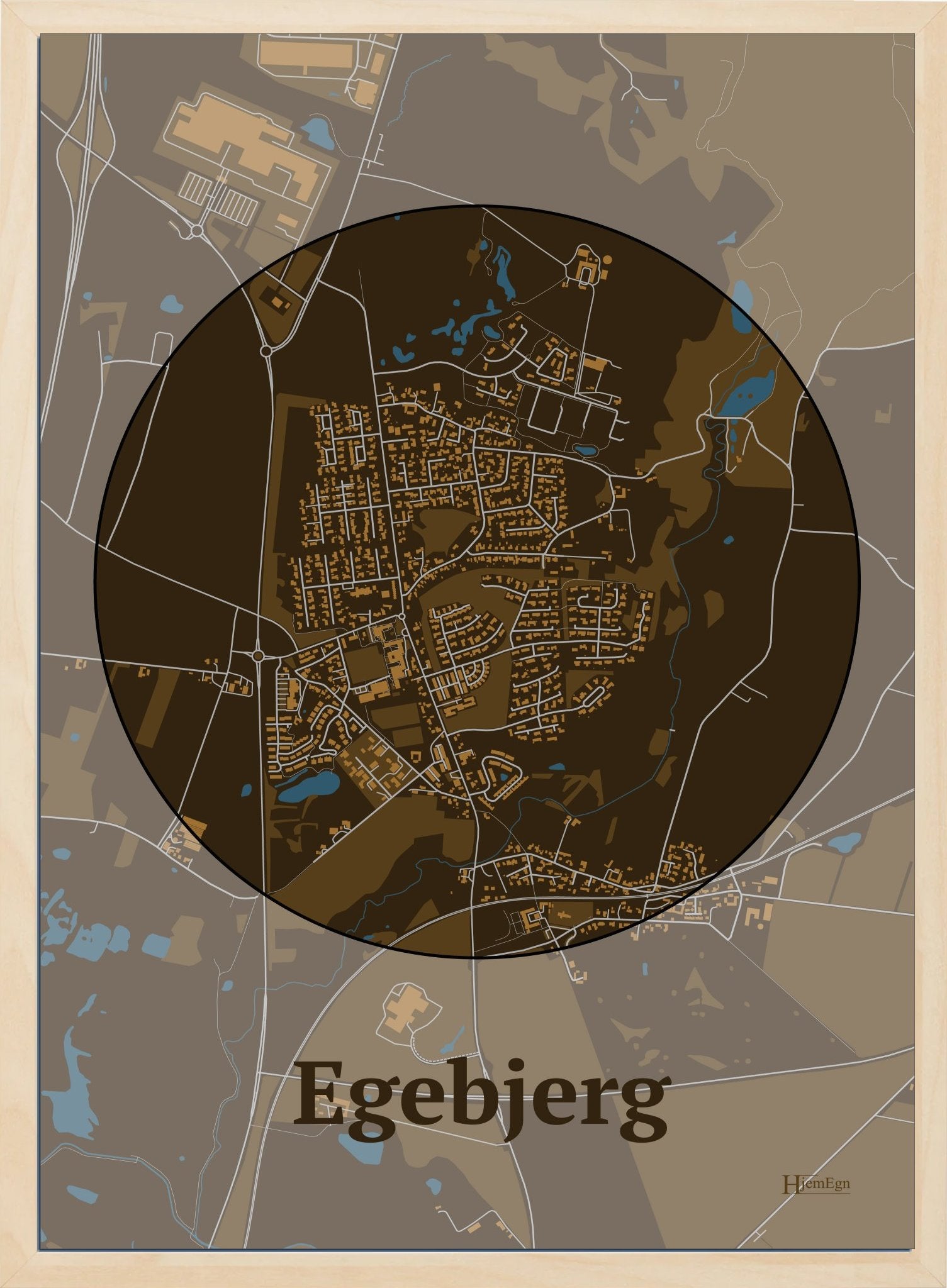 Egebjerg plakat i farve mørk brun og HjemEgn.dk design centrum. Design bykort for Egebjerg