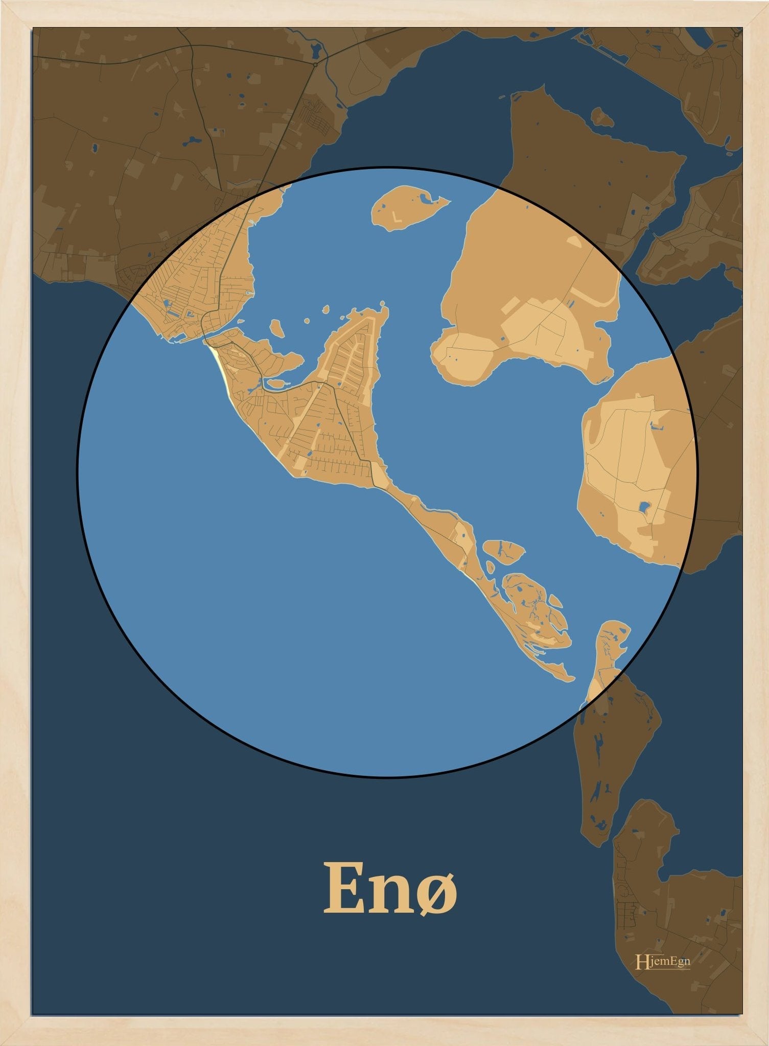 Enø plakat i farve pastel brun og HjemEgn.dk design centrum. Design ø-kort for Enø