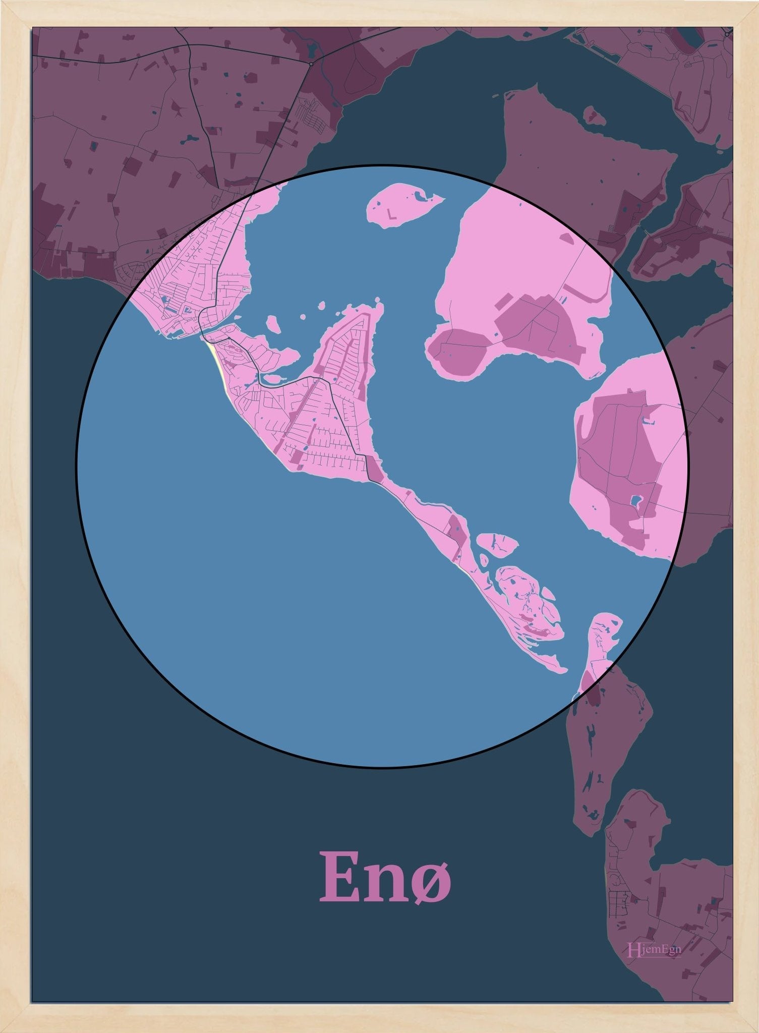 Enø plakat i farve pastel rød og HjemEgn.dk design centrum. Design ø-kort for Enø