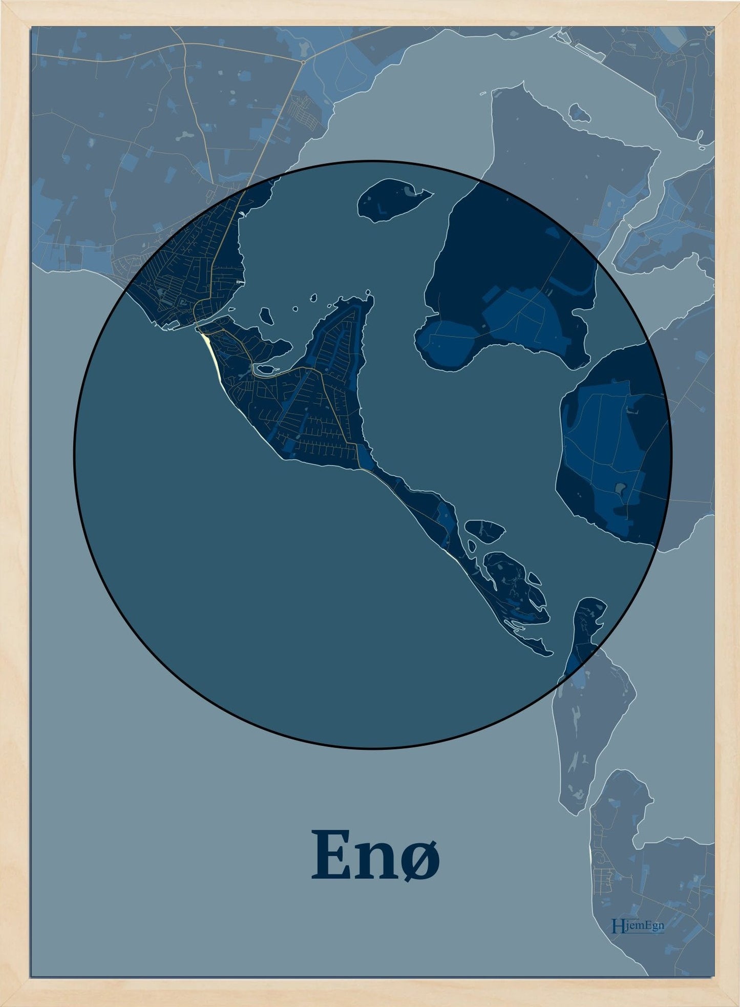 Enø plakat i farve mørk blå og HjemEgn.dk design centrum. Design ø-kort for Enø