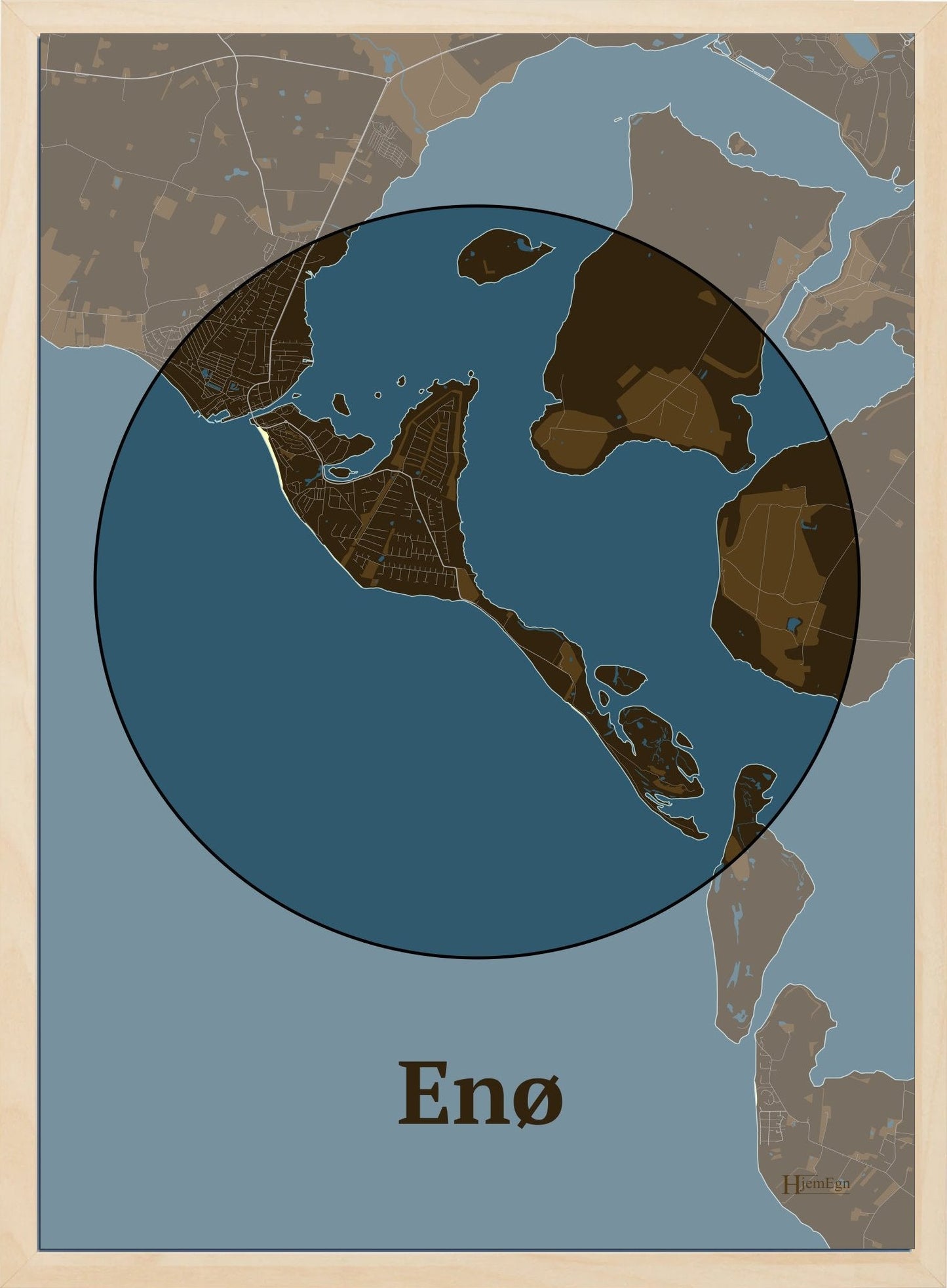 Enø plakat i farve mørk brun og HjemEgn.dk design centrum. Design ø-kort for Enø