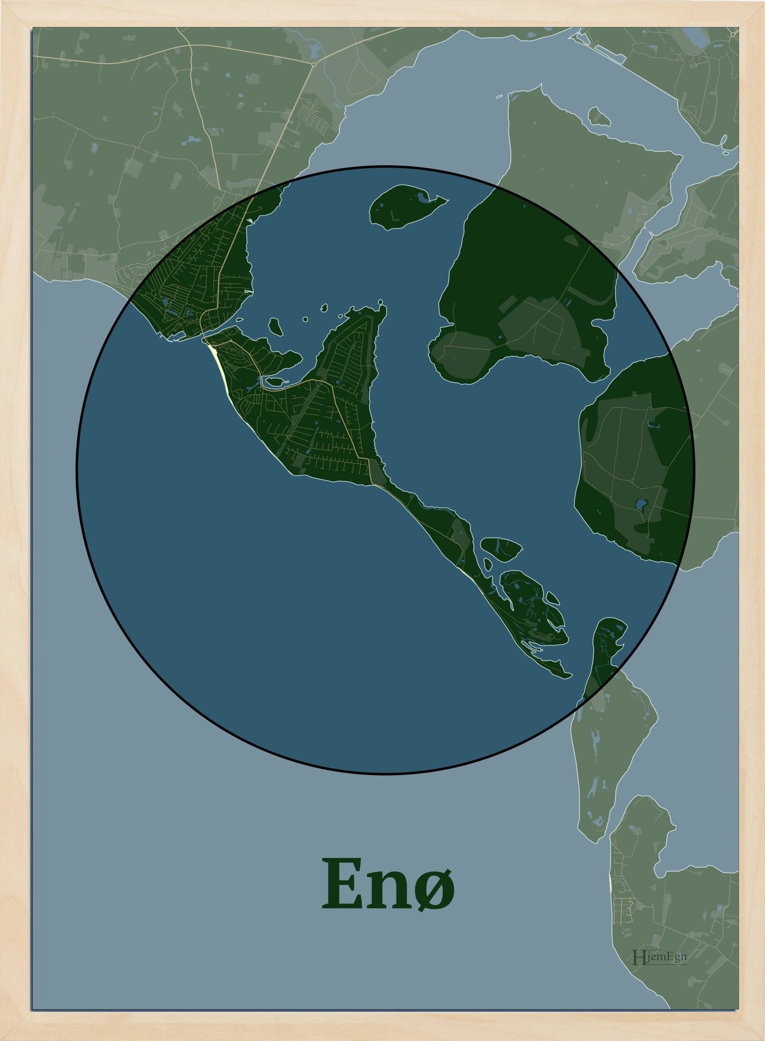 Enø plakat i farve mørk grøn og HjemEgn.dk design centrum. Design ø-kort for Enø